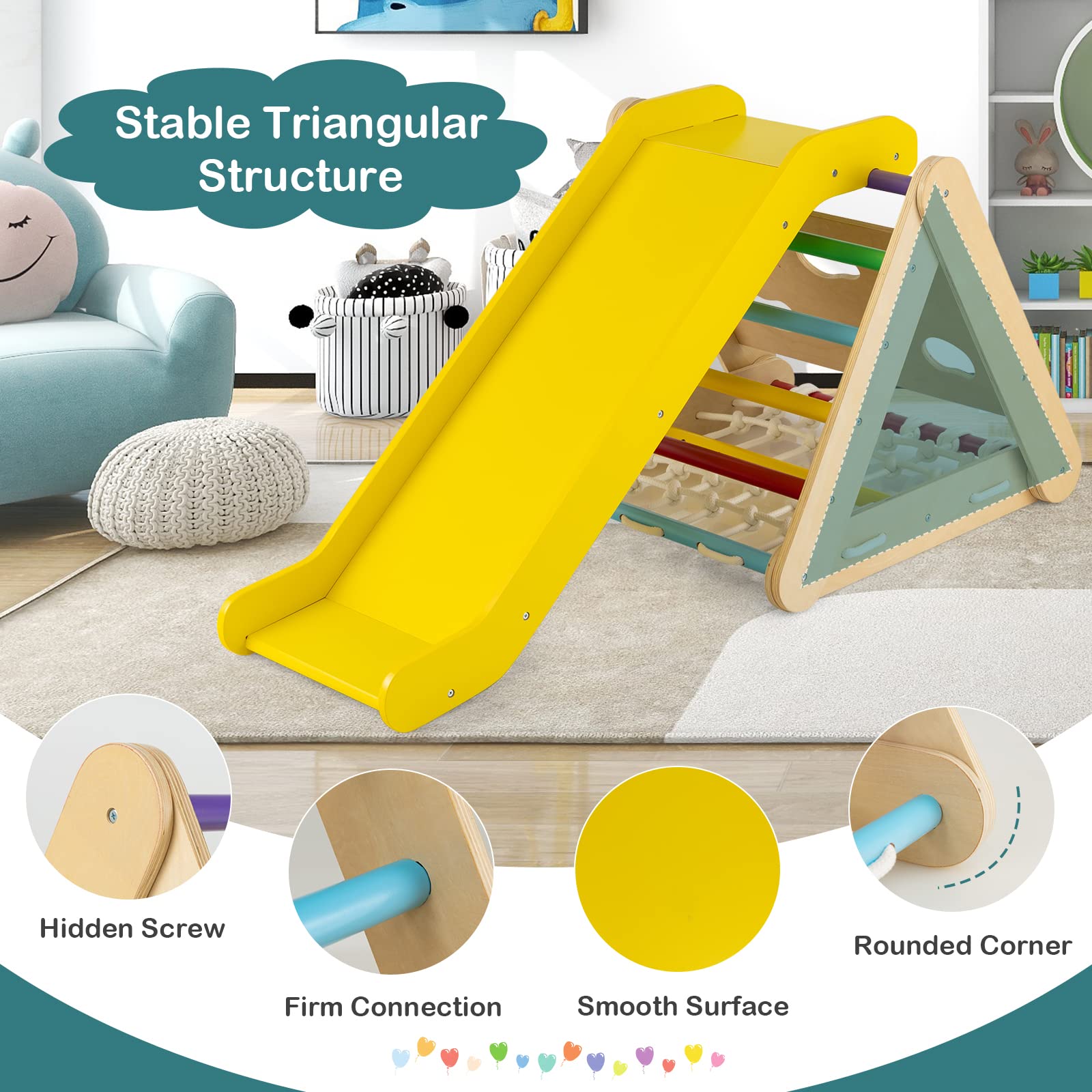 Costzon 4-in-1 Montessori Wooden Triangle Climber for Toddlers - 3-Sided Climbing Toy with Slide Ramp, Climbing Net & Board - Indoor Gym Playset for Kids Boys Girls - Perfect for Home Playroom, Daycare & Preschool Activities