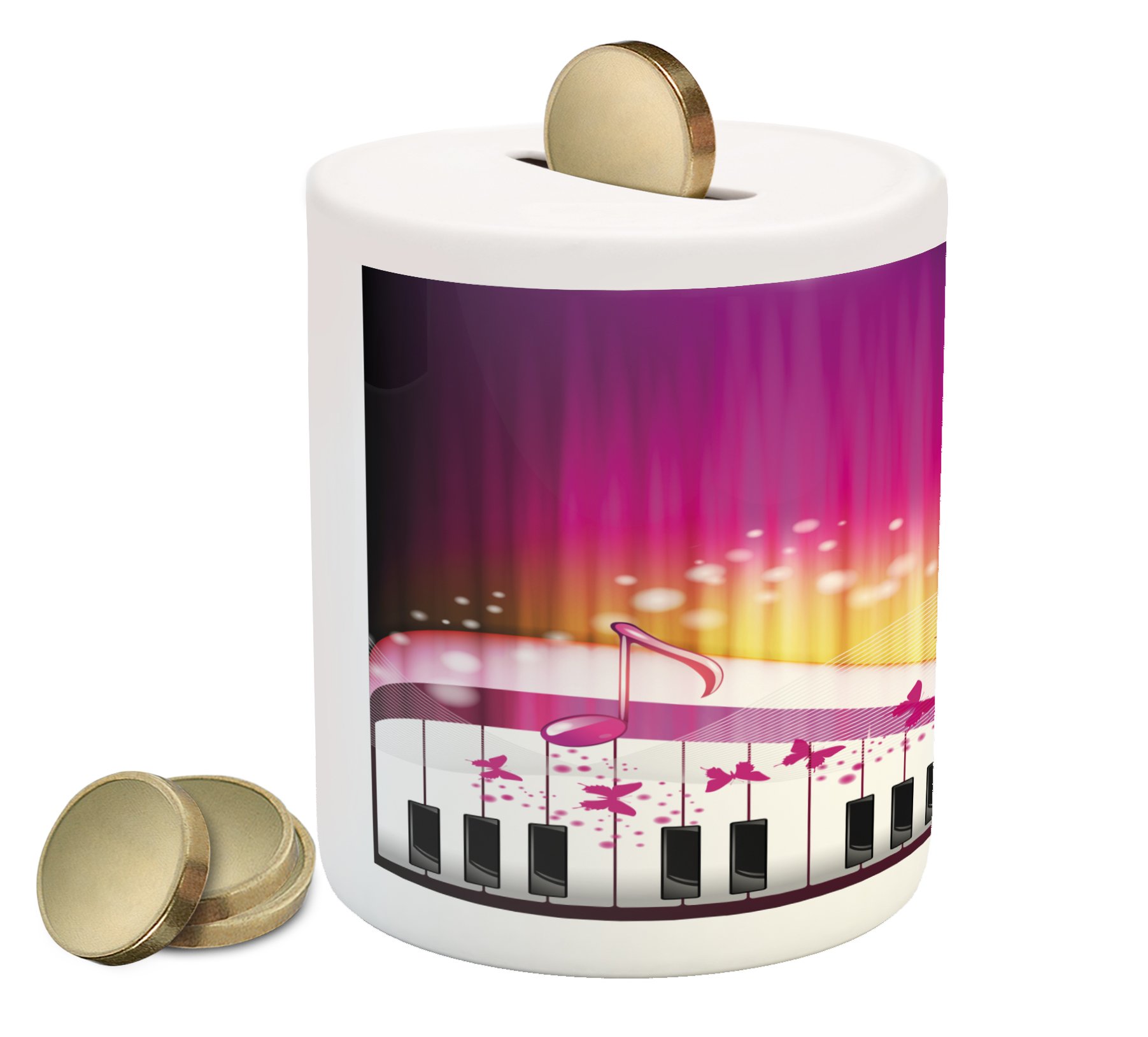 Lunarable Abstract Piggy Bank - Piano Keys with Butterflies, Stars & Musical Notes Romantic Art Ceramic Money Box for Cash Savings (Hot Pink, Yellow, White) | Perfect Gift for Music Lovers, Kids Room Decor & Coin Collection