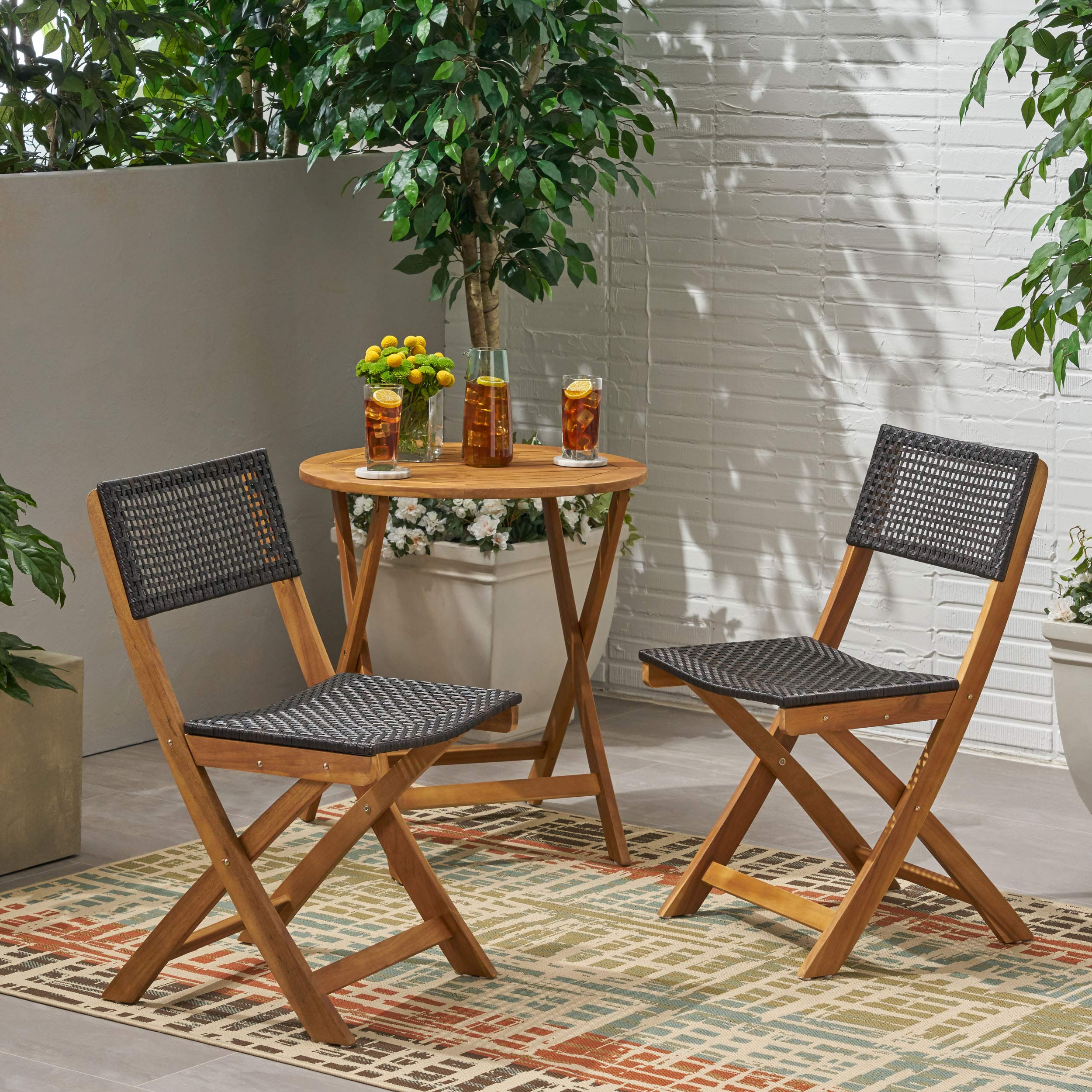 Premium Outdoor Acacia Wood Foldable Bistro Chairs with Woven Wicker Seating (Set of 2) - Teak Finish & Brown Wicker - Perfect for Patio, Garden, Balcony, and Poolside Relaxation