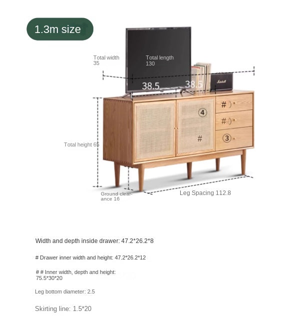 Modern Oak Solid Wood Rattan TV Stand with Storage - Entertainment Center for Living Room, Bedroom & Home Theater Setup