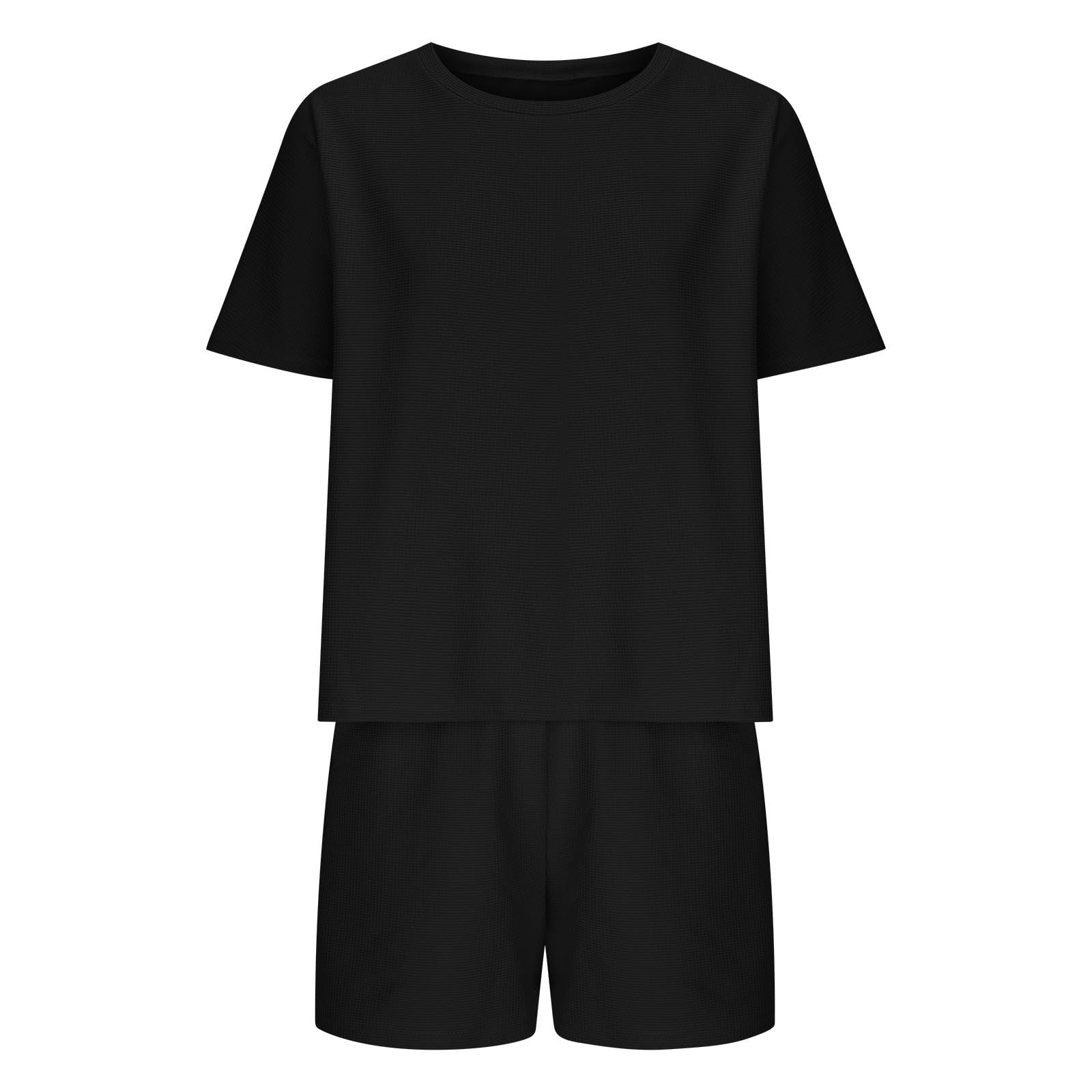 Women's 2-Piece Casual Ribbed Knit Lounge Set - Short Sleeve Crewneck Top & Elastic Drawstring Shorts | Comfortable Outfit for Home, Yoga, Travel & Relaxation