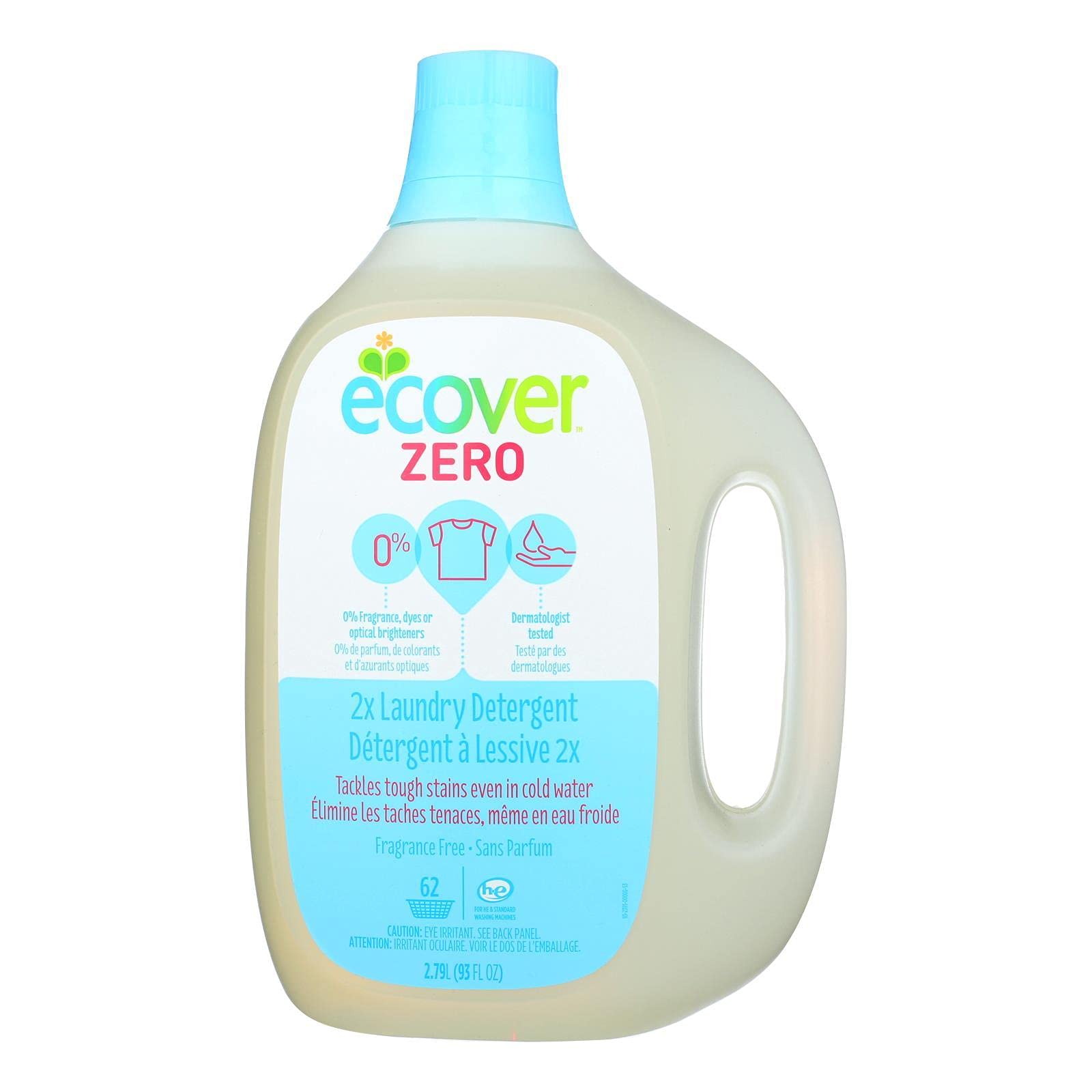 Ecover Fragrance Free Zero 2X Concentrated Laundry Detergent Liquid - 93 Fl Oz (2.75L) - Plant-Based, Hypoallergenic, Eco-Friendly - Pack of 4 - Perfect for Sensitive Skin & HE Washing Machines