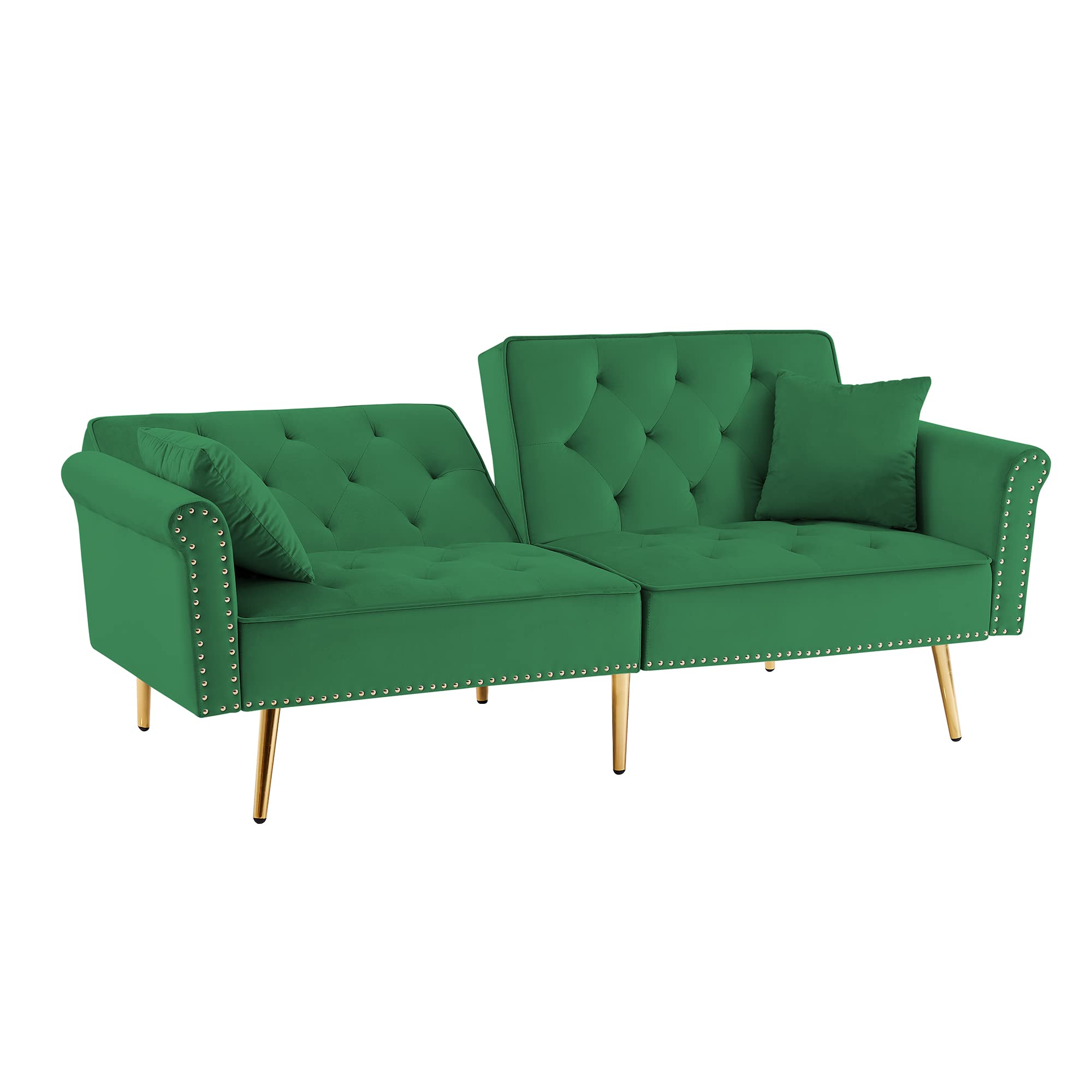 Velvet Tufted Convertible Futon Sofa Bed with 2 Pillows - Nailhead Trim & Metal Legs - Small Space Sofa Bed for Bedroom, Living Room, Apartment - Green with Gold Accent - Perfect for Guest Rooms, Studio Apartments and Cozy Reading Nooks