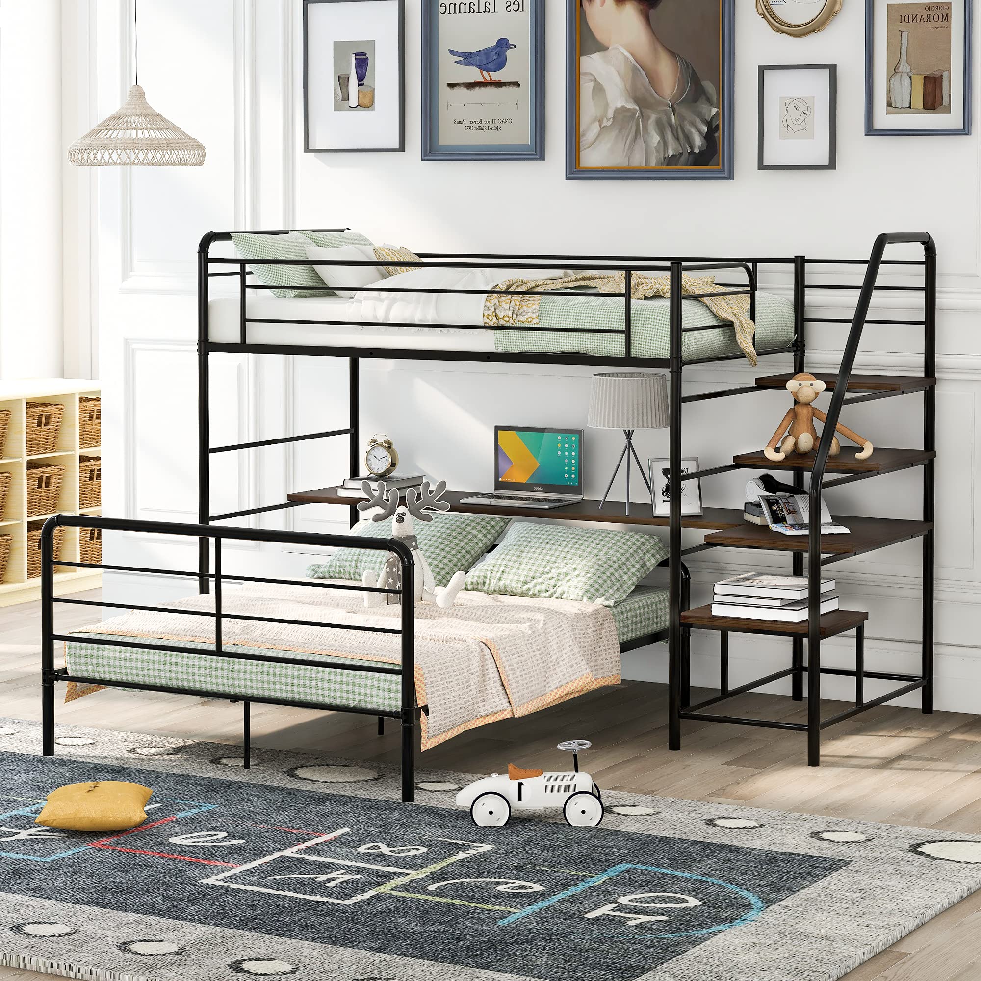 Metal Twin Over Full Bunk Bed with Desk, 4-Stair Ladder & Storage Shelves - Kids L-Shaped Loft Bed for Small Bedrooms - Heavy Duty Support Slats & Separate Platform Bed - Perfect for Siblings Sharing Rooms or Guest Sleepovers