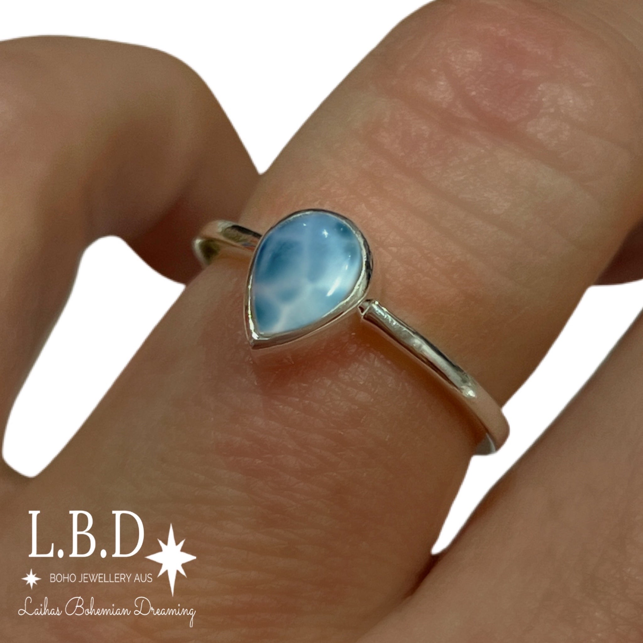 Laihas Mini Tearing Spirit Larimar Ring - Genuine Larimar Stone Silver Jewelry for Women, Handmade Boho Chic Ring - Perfect for Meditation, Yoga & Spiritual Healing