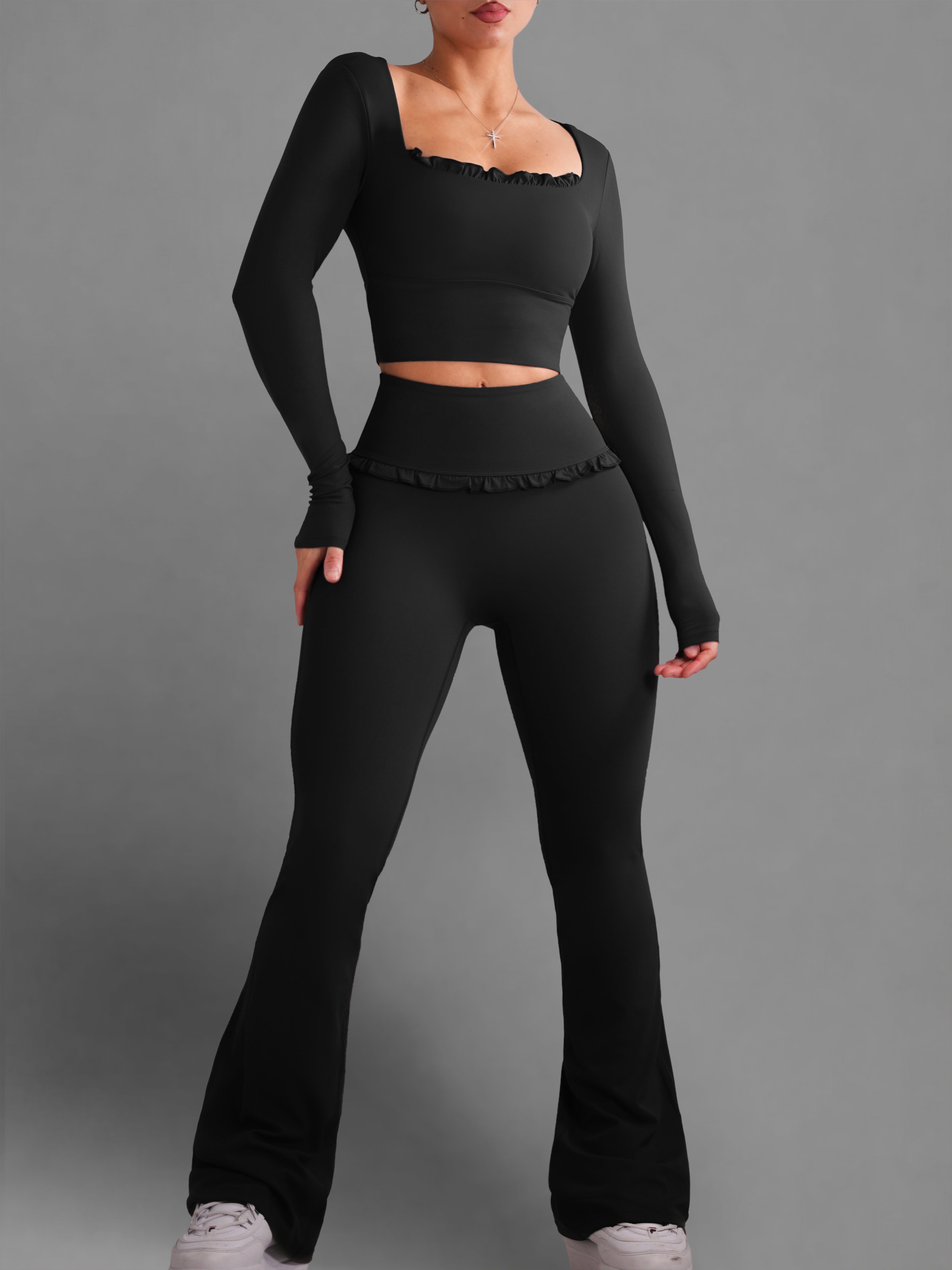 Ballet Ruffled Flare Leggings for Women - High Waisted Stretchy Dance Pants (Black) - Perfect for Yoga, Dance Class & Casual Wear