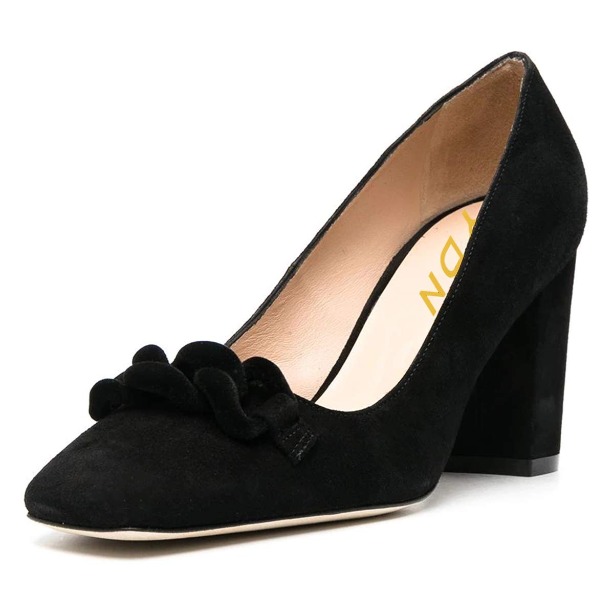 YDN Women's Chunky High Heel Pumps - Square Toe Slip-On Office Shoes with Chain Knot Detail for Wedding & Work | Comfortable Dress Shoes for Professional & Formal Occasions