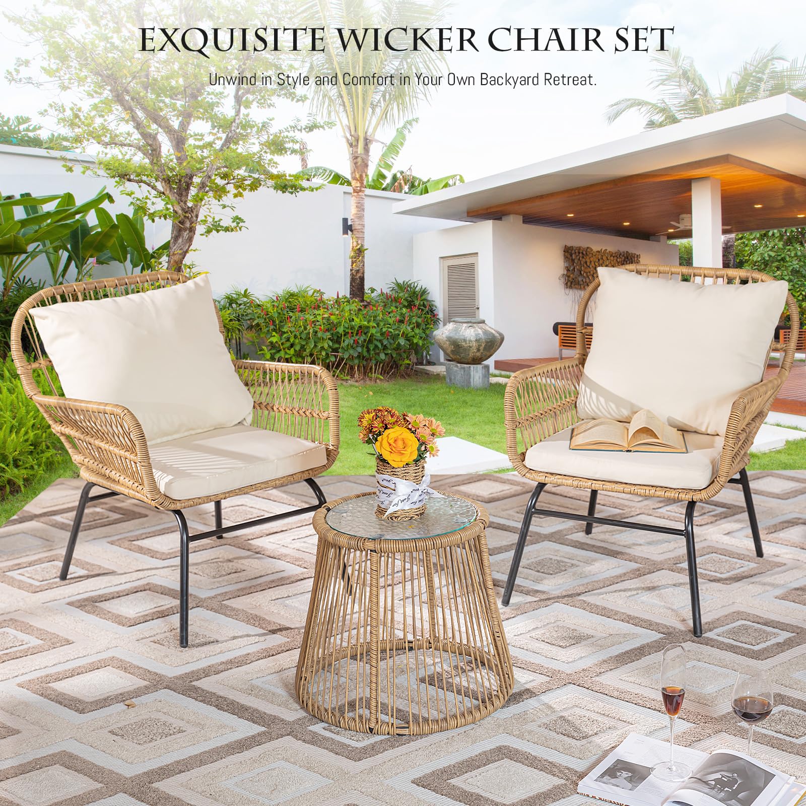 BULEXYARD 3-Piece Boho Outdoor Patio Furniture Set with Round Coffee Table - Natural Wicker Conversation Chairs with Beige Cushions for Backyard, Porch, Balcony & Deck | Perfect for Relaxing, Entertaining & Outdoor Gatherings
