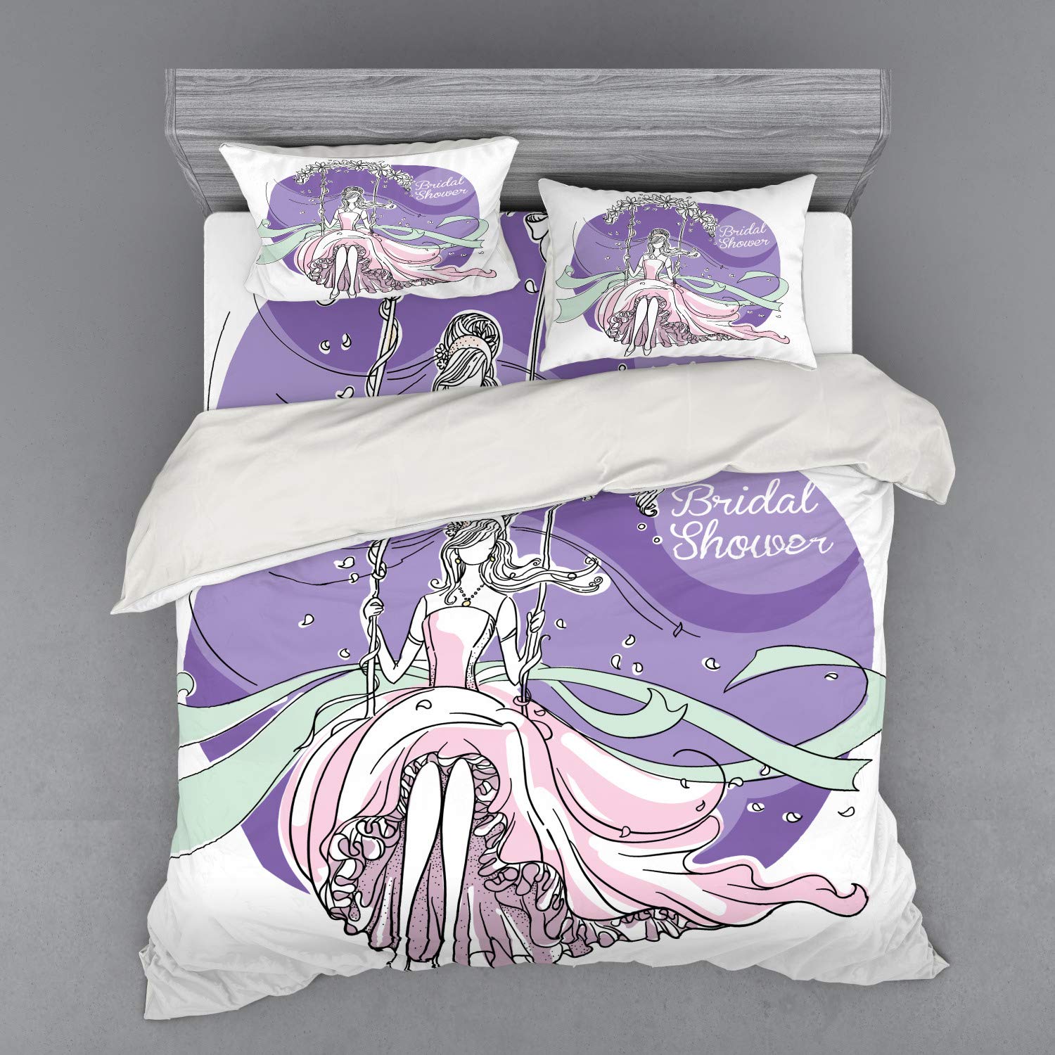 Ambesonne Bridal Shower Duvet Cover Set - 4 Piece King Size Wedding Bedding with Floral Swings Design, Purple & Pink Bride Party Theme (Includes Shams & Fitted Sheet) | Perfect for Wedding Guest Rooms, Honeymoon Suites & Bridal Party Decor