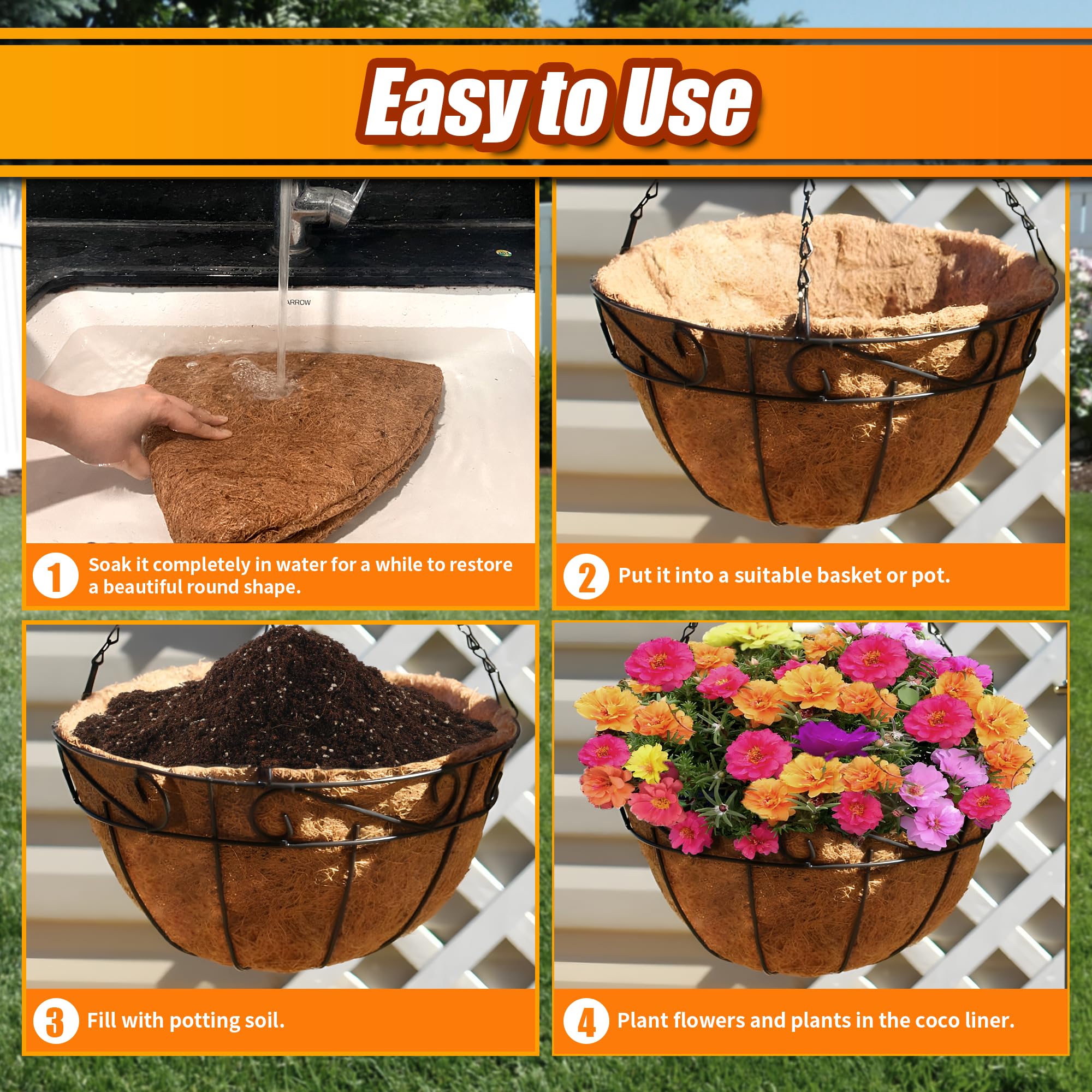 12 Inch Coco Liners for Planters - 6 Pack Round Coconut Fiber Hanging Basket Liners - Natural Plant Pot Liners for Flowers, Herbs & Garden Plants - Perfect for Indoor/Outdoor Hanging Baskets & Window Boxes