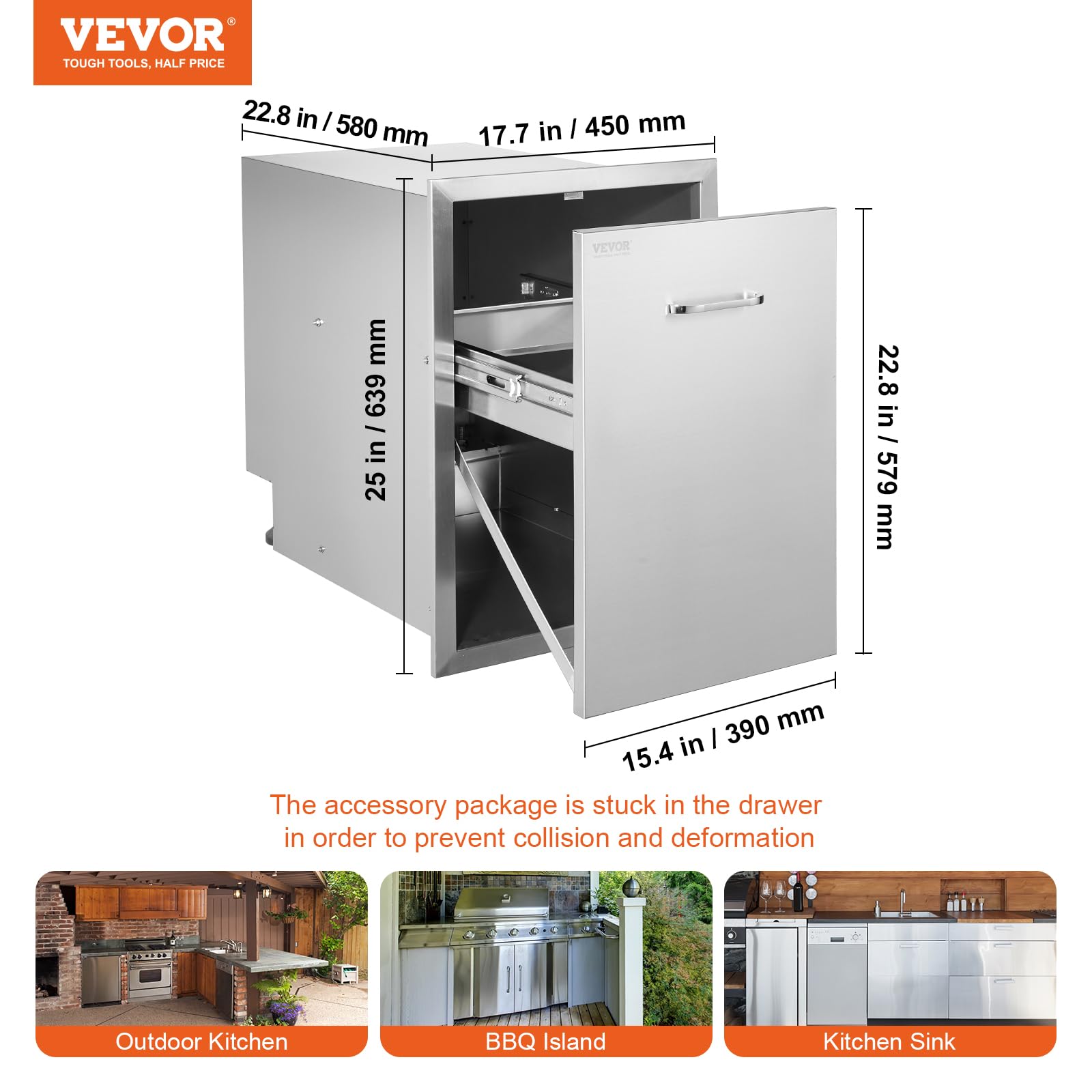 Vevor 17.7x22.8 Inch Stainless Steel Pull Out Trash Drawer with Handle - Raised Style Trash Bin with Pull-Out Tray for Outdoor Kitchen, BBQ Island, Patio, Lawn & Garden - Perfect for Waste Disposal in Outdoor Cooking Areas and Backyard Entertaining