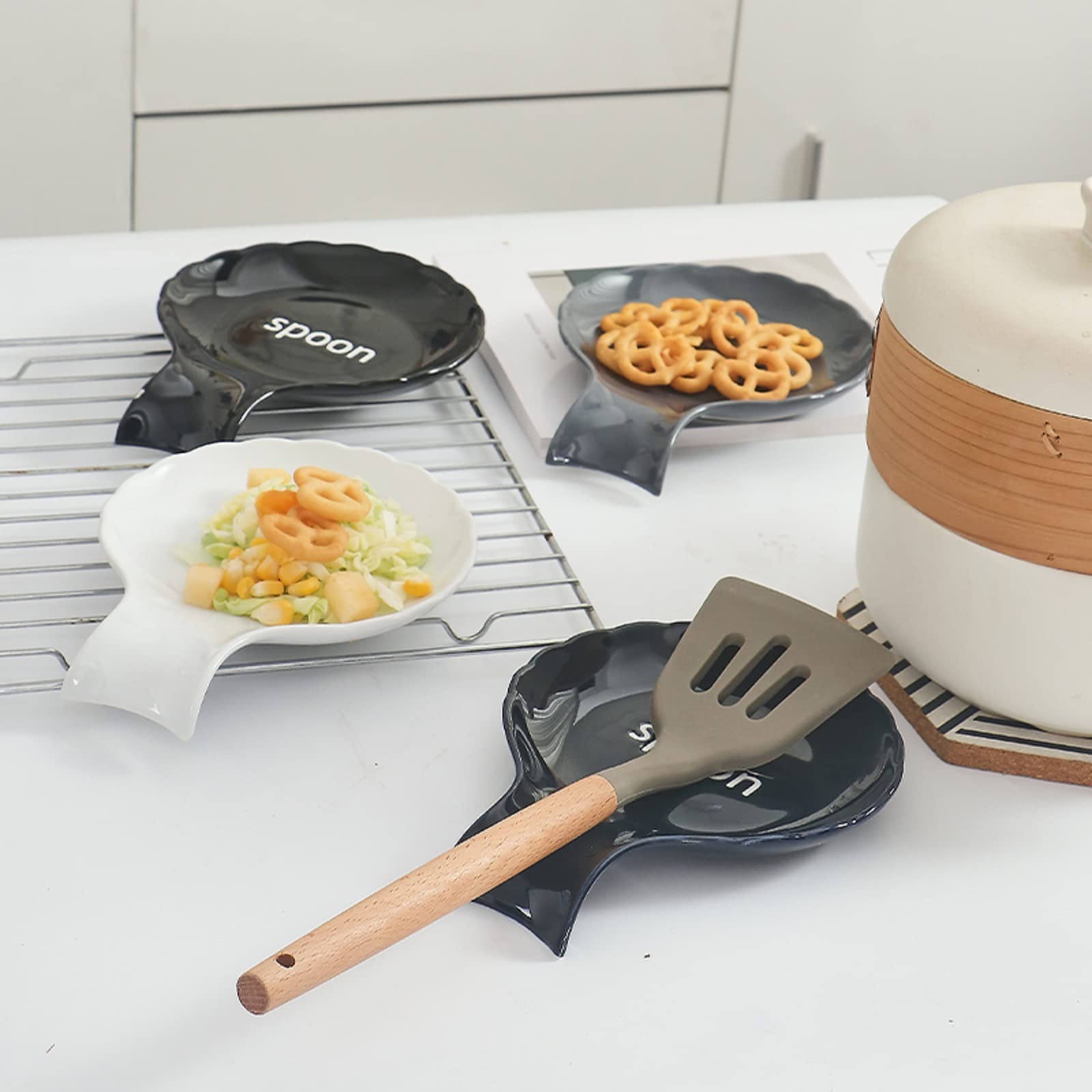 Premium Ceramic Spoon Rest for Kitchen Counter - Large Stove Top Spatula & Ladle Holder - White Kitchen Utensil Organizer (Perfect for Cooking, Baking & Keeping Countertops Clean)