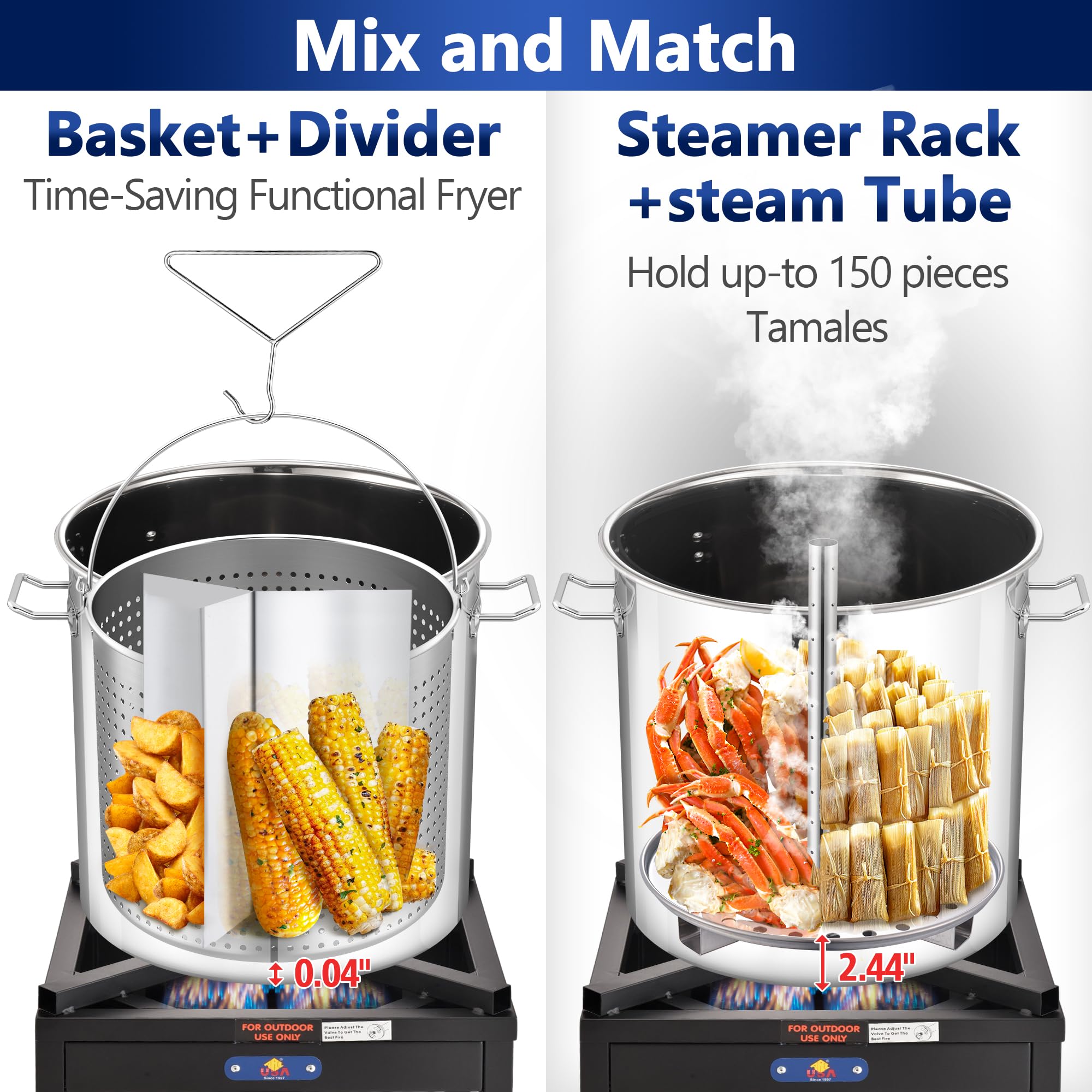 64-QT Stainless Steel Stockpot with Basket & Steamer Rack - Large Seafood Boiler for Crawfish, Crab, Lobster, Shrimp | Outdoor Cooking Pot for Turkey Fryer, Tamales Steamer & Boiling | Perfect for Backyard BBQs, Camping & Large Gatherings (16 Gallon)