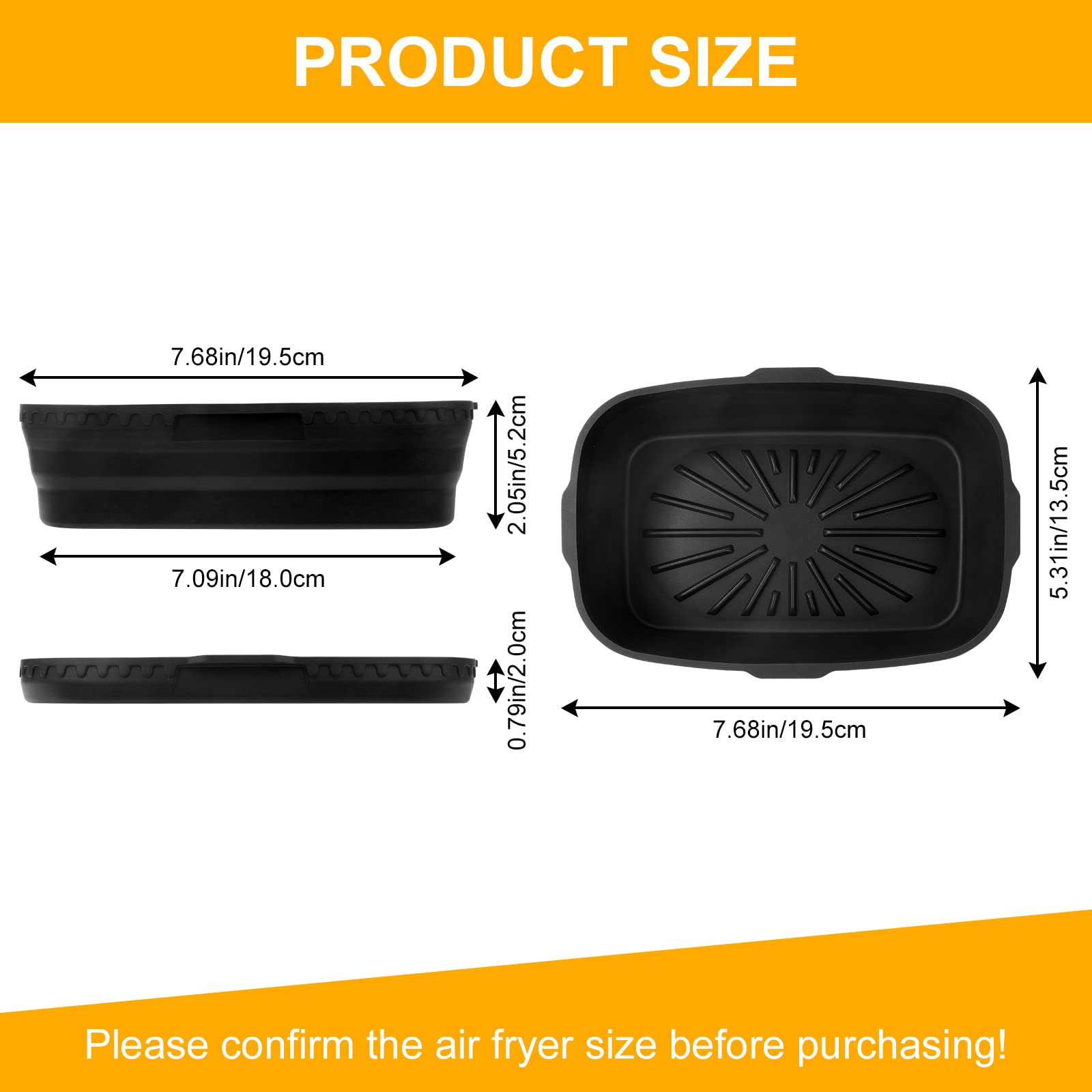 Vicloon 2-Pack Silicone Air Fryer Basket - 7.7 x 5.3 x 2 Inches, Foldable & Reusable Non-Stick Cooking Pot for Air Fryers - Perfect for Roasting Vegetables, Baking, and Reheating Food (Black)