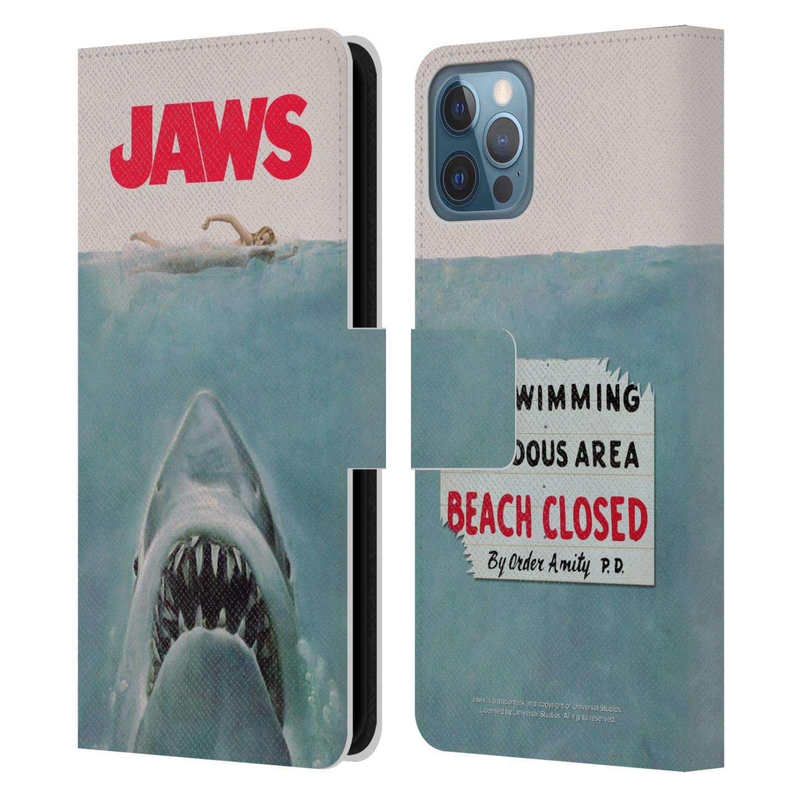 Officially Licensed Jaws Movie Leather Wallet Case for iPhone 12/12 Pro - Premium Book Style Phone Cover with Key Art Poster Design - Perfect for Movie Fans & Daily Use