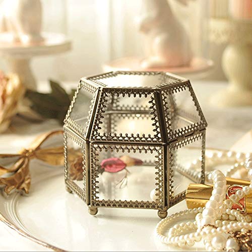 Vintage Brass Metal Frame Jewelry Display Box with Clear Glass - Hexagonal Cosmetic Organizer for Rings, Earrings & Necklaces | Perfect for Home Decor, Gift Packaging & Boutique Showcase
