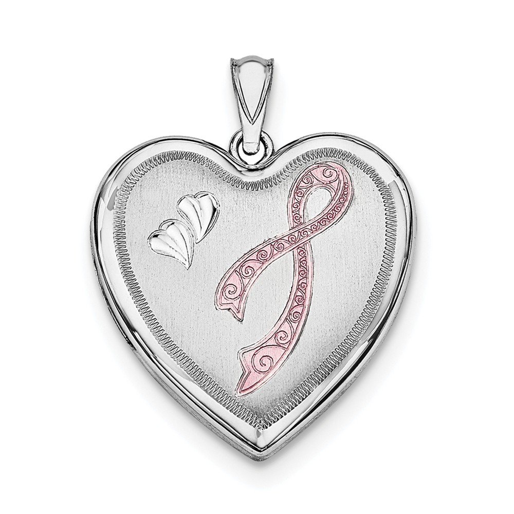 Sterling Silver Rhodium-Plated 24mm Pink Ribbon Heart Locket with Enamel - Elegant Jewelry Gift for Women, Perfect for Breast Cancer Awareness, Valentine's Day & Special Occasions