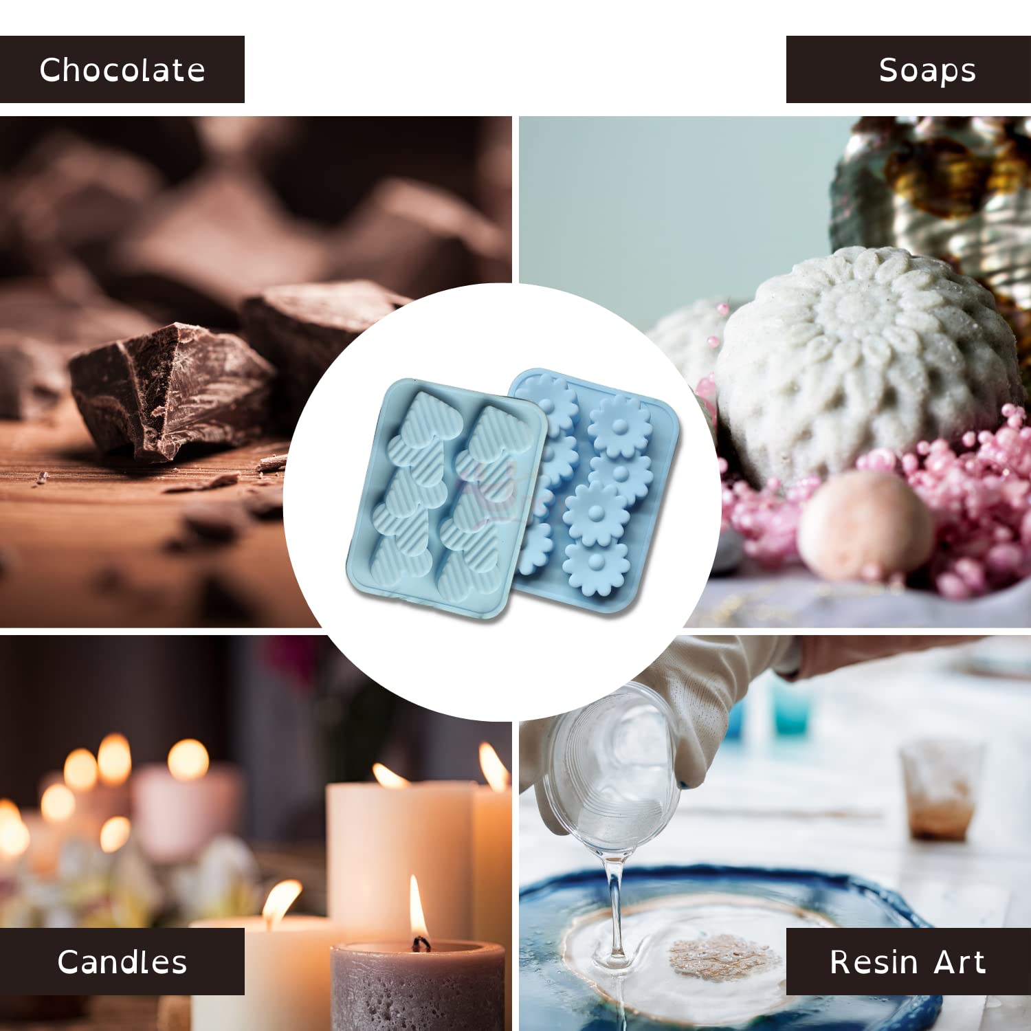 Premium 2-Cavity Flower & Heart Stripe Silicone Candle Molds - Multi-Purpose DIY Molds for Candles, Chocolate, Resin & Soap Making (4.5
