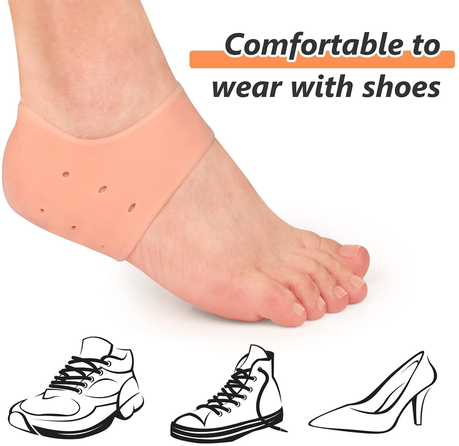 BESTAQUA Silicone Gel Heel Pads for Pain Relief - Unisex Heel Protectors & Heel Spur Support Socks (2 Pairs, Beige, One Size Fits All) - Ideal for Running, Walking, and Daily Comfort