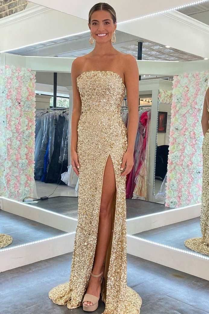 Gold Sequin Strapless Sheath Long Prom Dress with High Slit - Elegant Evening Gown for Homecoming, Pageant, and Formal Events | Style J4482
