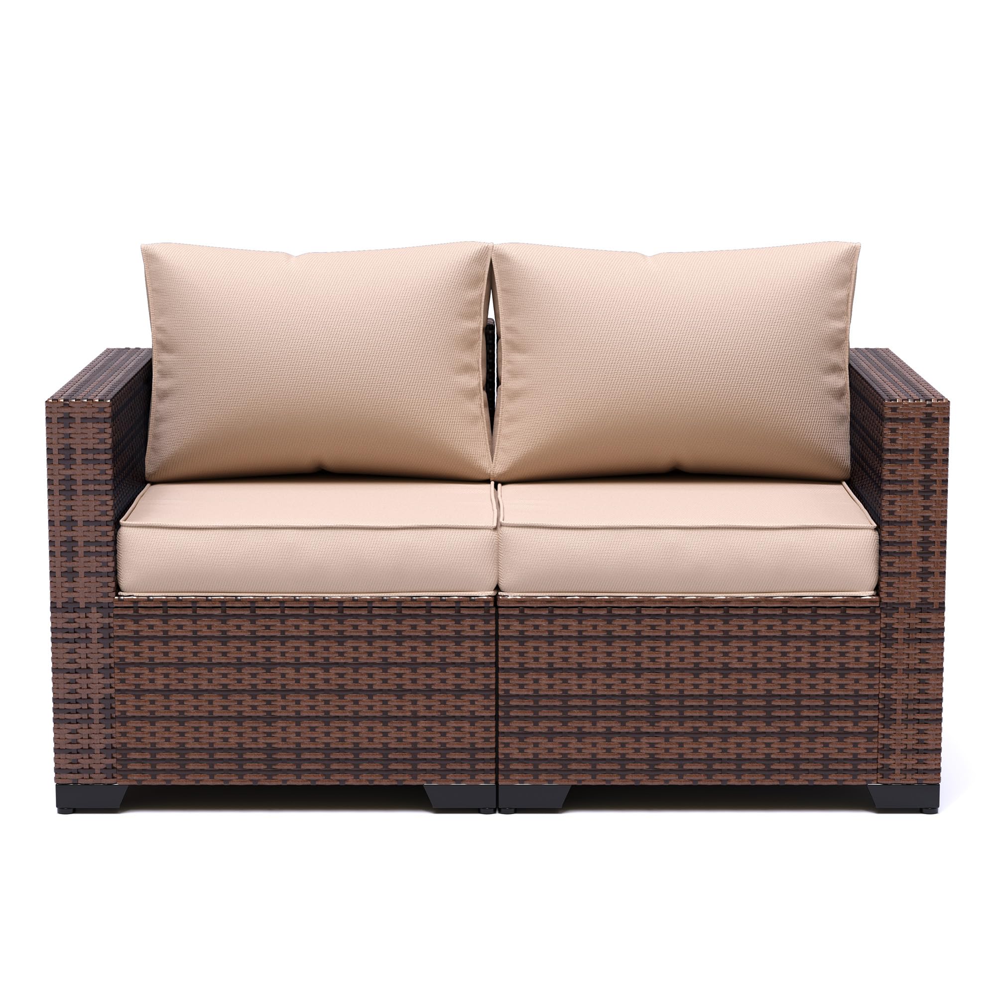 UDPATIO 2-Person Wicker Patio Love Seat - Outdoor Rattan Sectional Sofa with Steel Frame, Waterproof Cover, Non-Slip Cushions & High Back Support (Khaki) - Perfect for Garden, Poolside, Balcony & Backyard Relaxation