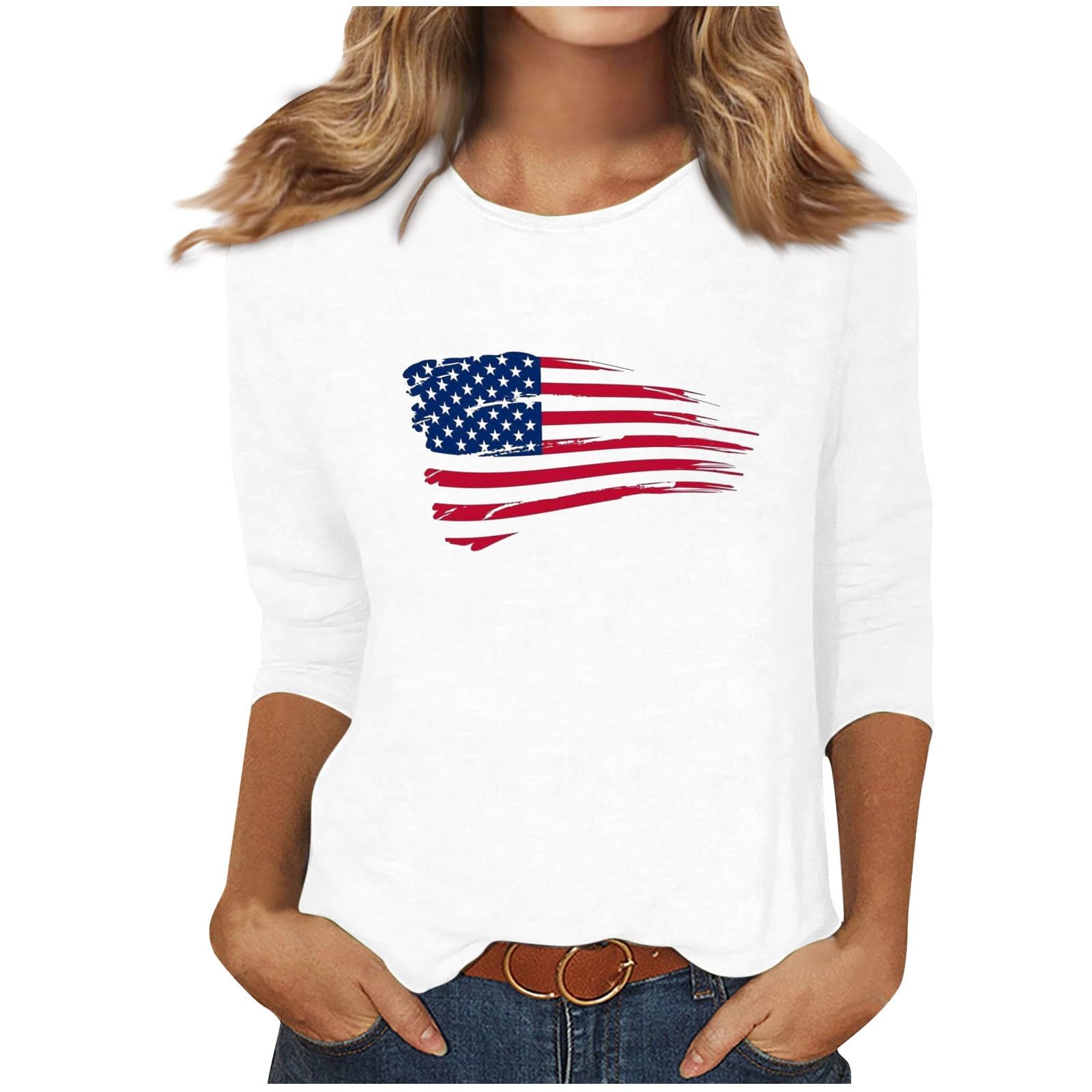 Women's Patriotic 4th of July Shirts - 3/4 Sleeve Casual Summer Tops for Independence Day Celebrations, BBQ Parties & Festive Outfits