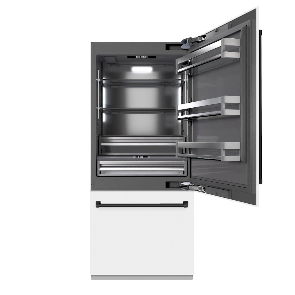 ZLINE Autograph Edition 36 Inch Built-In Bottom Freezer Refrigerator - 19.8 cu.ft Capacity, Water Dispenser & Ice Maker - White Matte Exterior with Graphite Gray Interior & Matte Black Accents (GRBITZ WM 36 MB) - Perfect for Modern Kitchens, Open Concept Homes & Luxury Appliances Collection