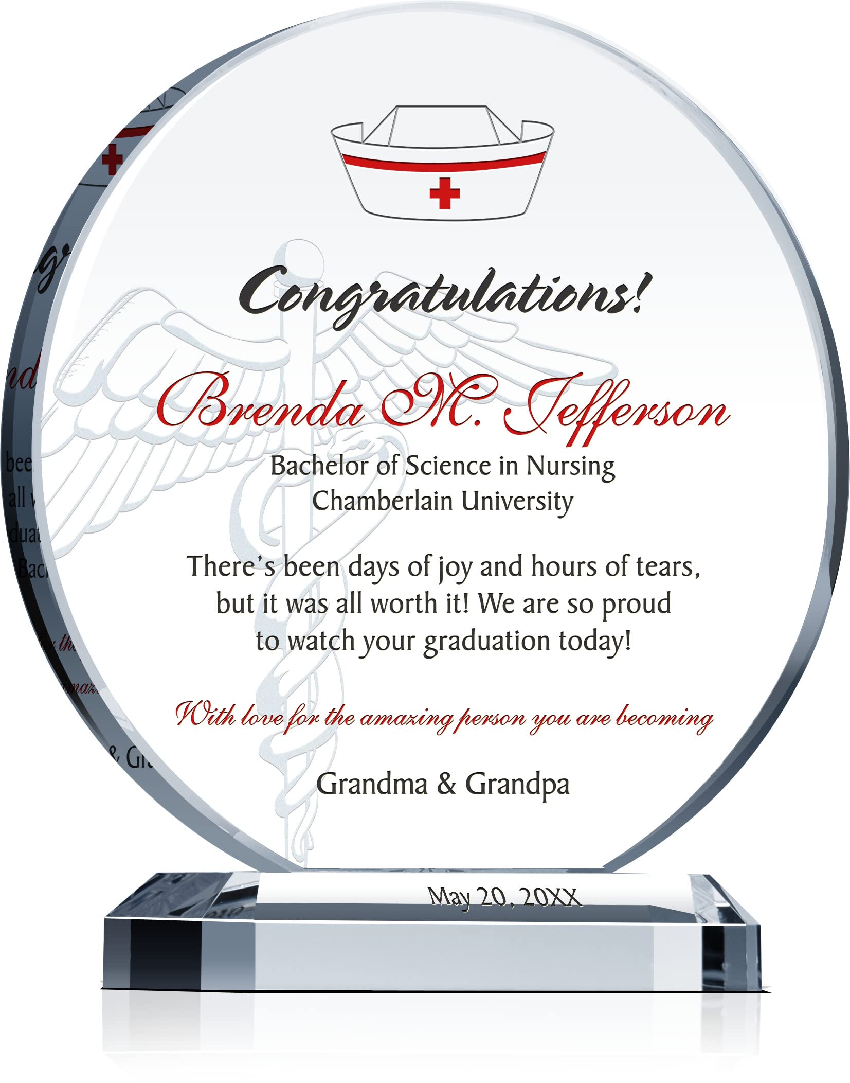 Personalized Crystal Nursing School Graduation Gift for Her - Custom Engraved with Name, School, Degree & Date - Unique Nurse Graduation Keepsake for Daughter, Granddaughter (8