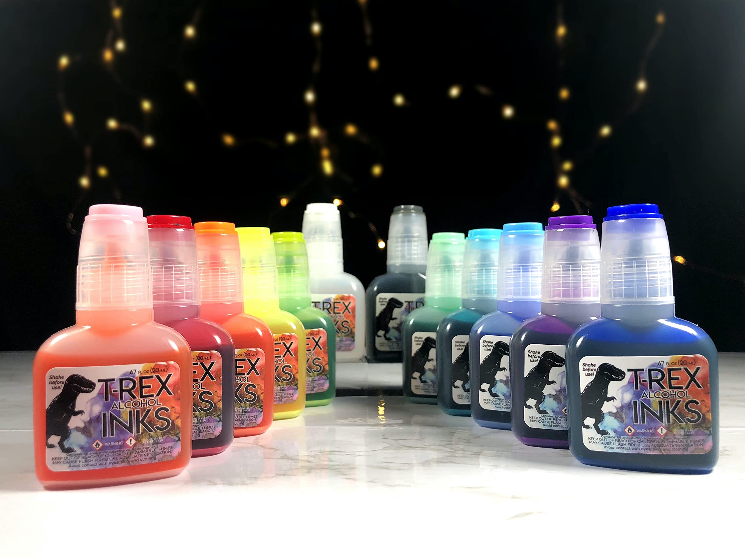 T-Rex Inks Starlight Shimmer Sparkling Alcohol Ink 12 Bottle Set (20ml Each) - Glitter Alcohol Ink for Epoxy Resin, Painting, Tumbler Cups, DIY Crafts - Includes Shimmering Clear Blender - Perfect for Art Projects, Home Decor & Gift Making