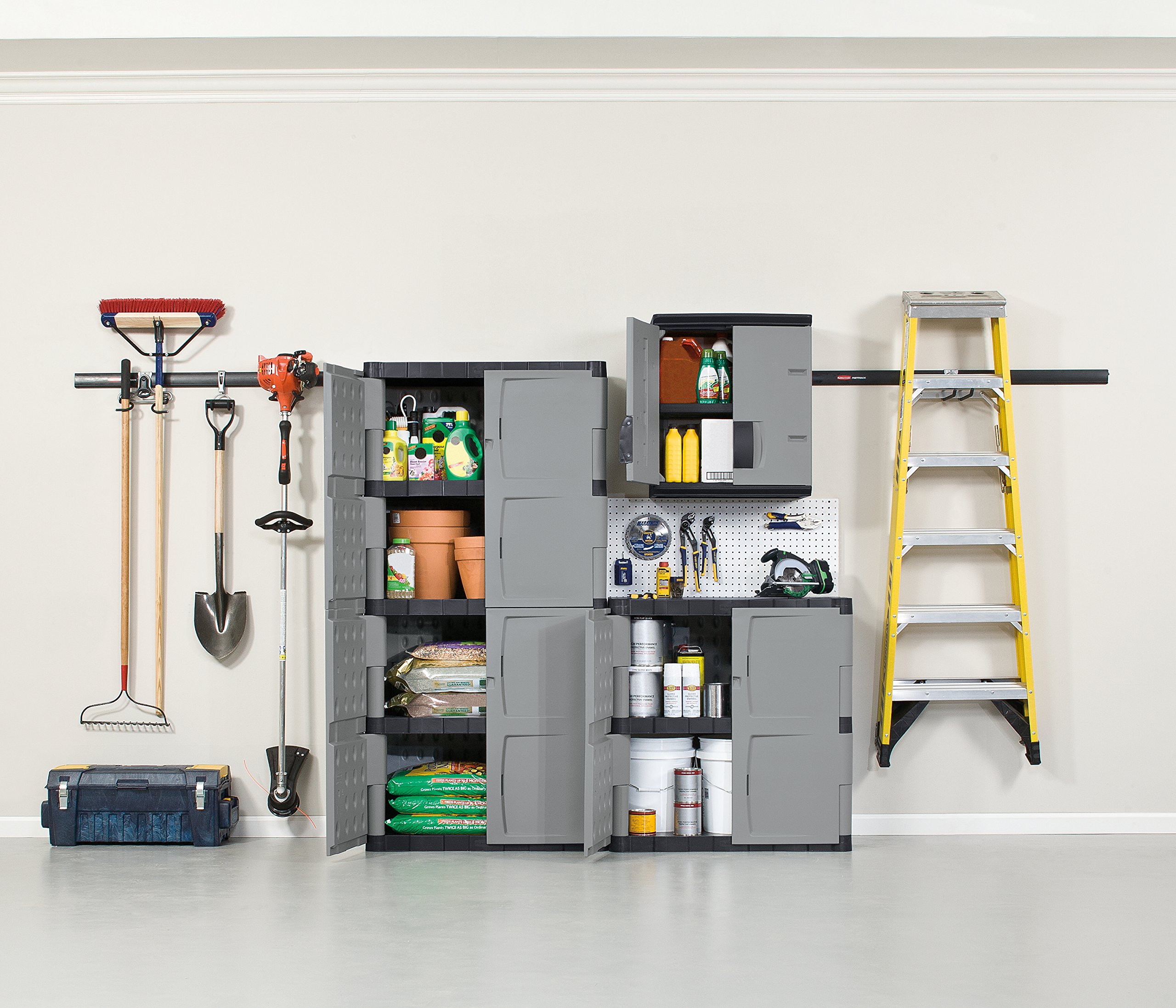 Rubbermaid 5-Shelf Freestanding Storage Cabinet with Double Doors - Lockable, Large Capacity (690 lbs), Gray - Perfect for Garage, Outdoor, Garden Tools, Toys, Power Tools & Pool Accessories Storage