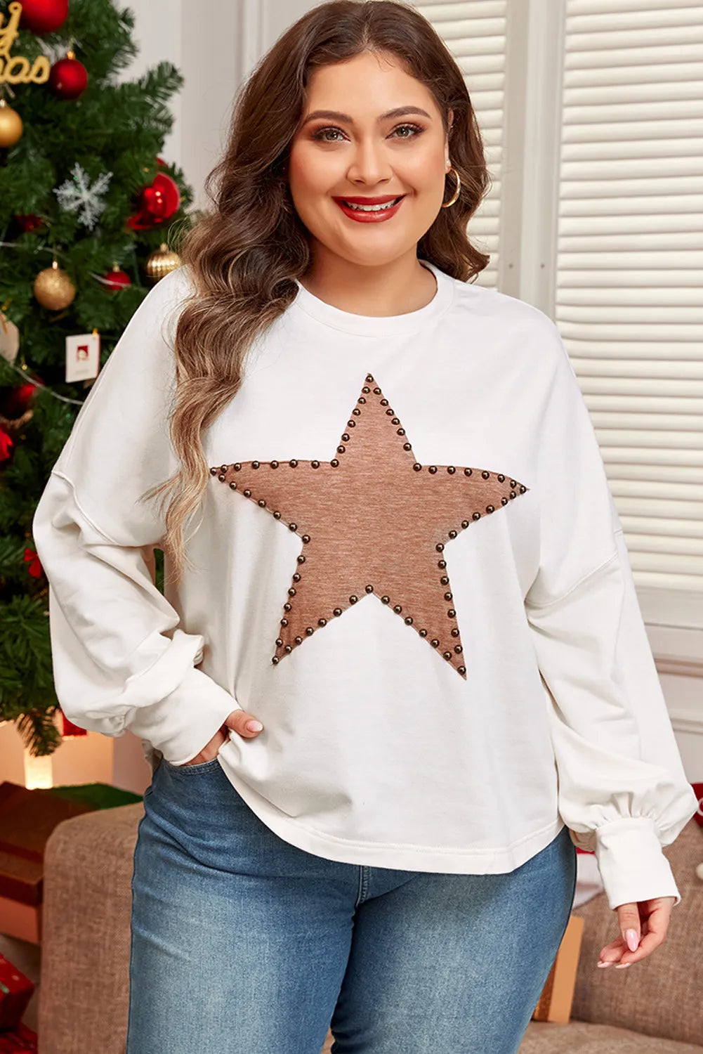 Plus Size Studded Star Round Neck Long Sleeve Blouse for Women - Fashionable & Comfortable Tops for Casual Wear, Office, and Evening Outfits