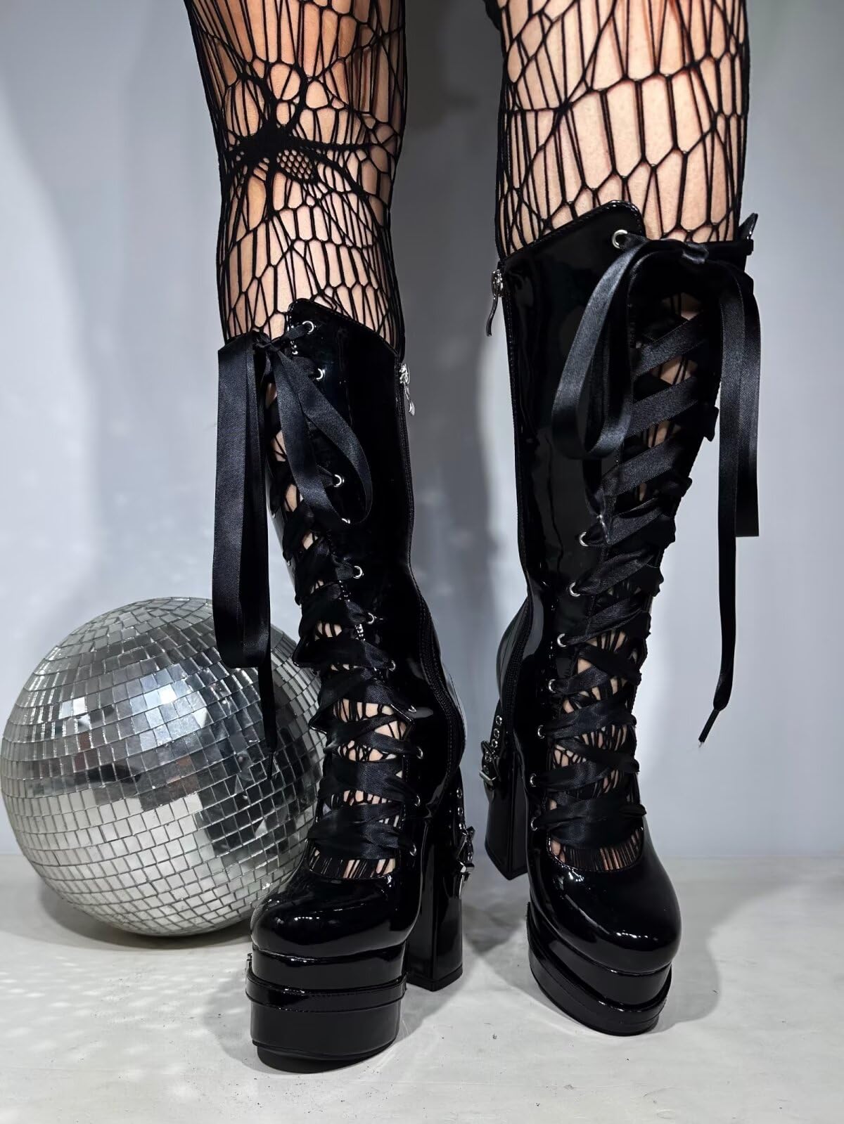 Gothic Chunky Platform Knee High Boots for Women & Men - Black Patent Leather with Silver Rivets & Satin Ribbon Lace-Up | Dark Punk Y2K Style, Wide Calf Design | Perfect for Halloween, Cosplay, Goth Fashion & Nightclub Outfits