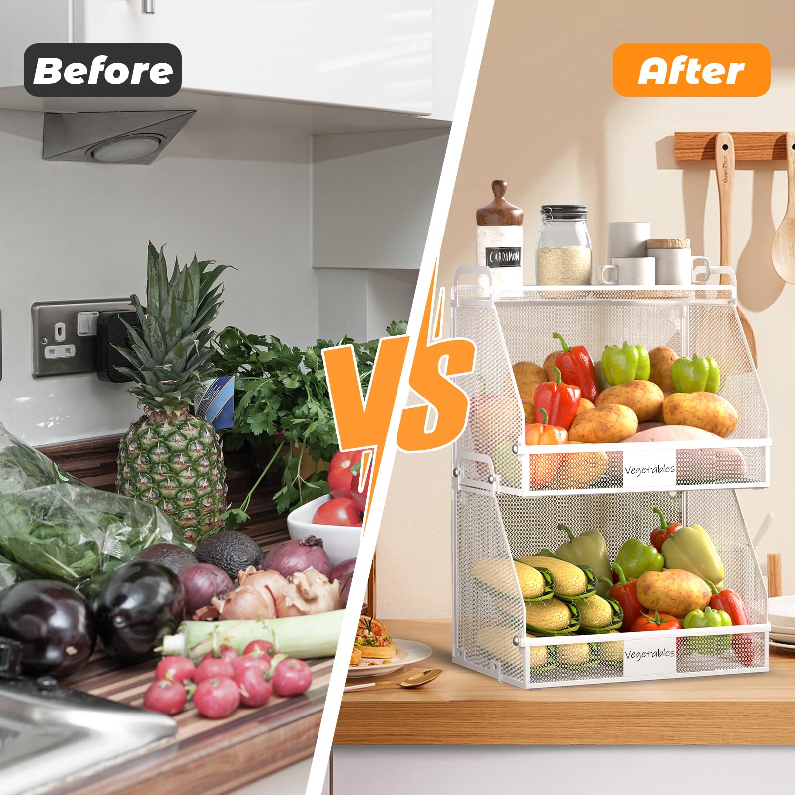 2 Pack Stackable Hanging Fruit Baskets - Kitchen Storage for Onions, Potatoes & Vegetables (Wall Mount Pantry Organizer)