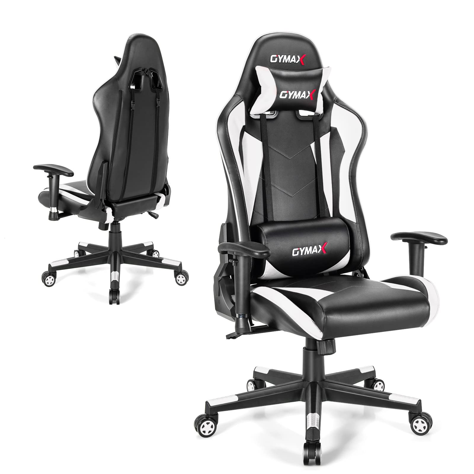 GYMAX Ergonomic Gaming Chair - Adjustable Racing Style Office Chair with Lumbar Support & Headrest, 360° Swivel, Height Adjustable for Home, Office & Gaming Setup - Perfect for Esports, Work & Leisure (White)