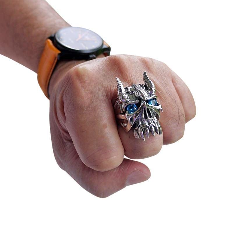 Stylish Sterling Silver Skull Biker Ring for Men - Horn Bison Devil Design - Perfect for Motorcycle Riders & Rock Fashion Enthusiasts