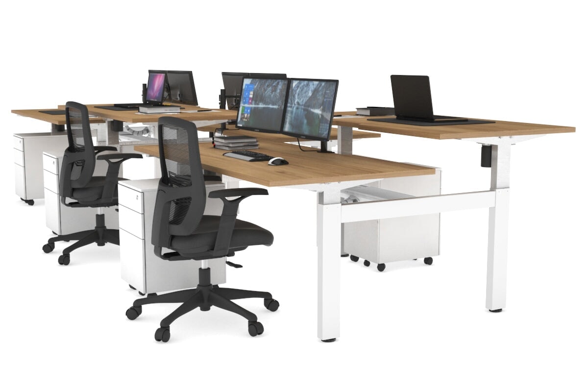 Adjustable 6-Person H Bench Workstation with White Frame - 1400L x 800W, Cable Management Scallop | Perfect for Office, Coworking Spaces & Home Offices