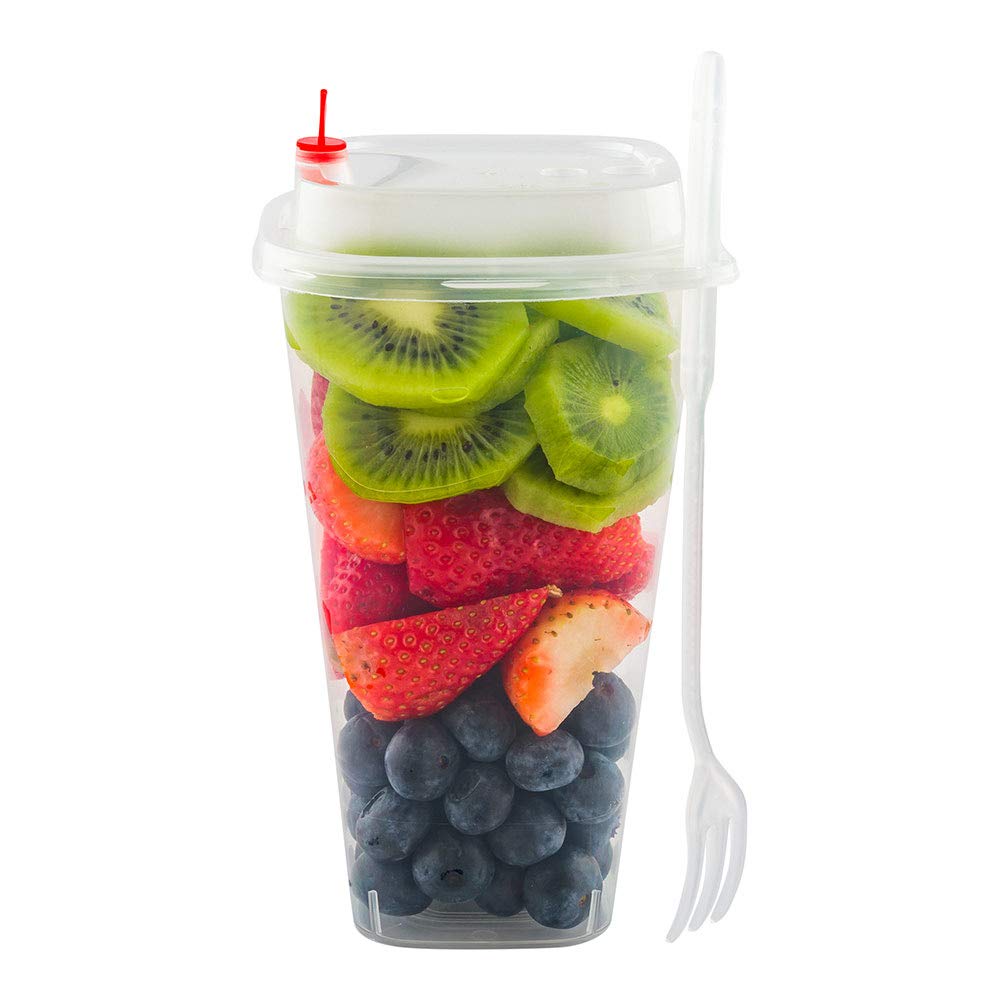 Restaurantware 24oz Clear Plastic Salad Lunch Containers with Lids & Forks - 100 Pack | Includes Sipping Hole with Heart Plug & Straw Slot | Recyclable To-Go Food Containers for Office, Picnics & Meal Prep
