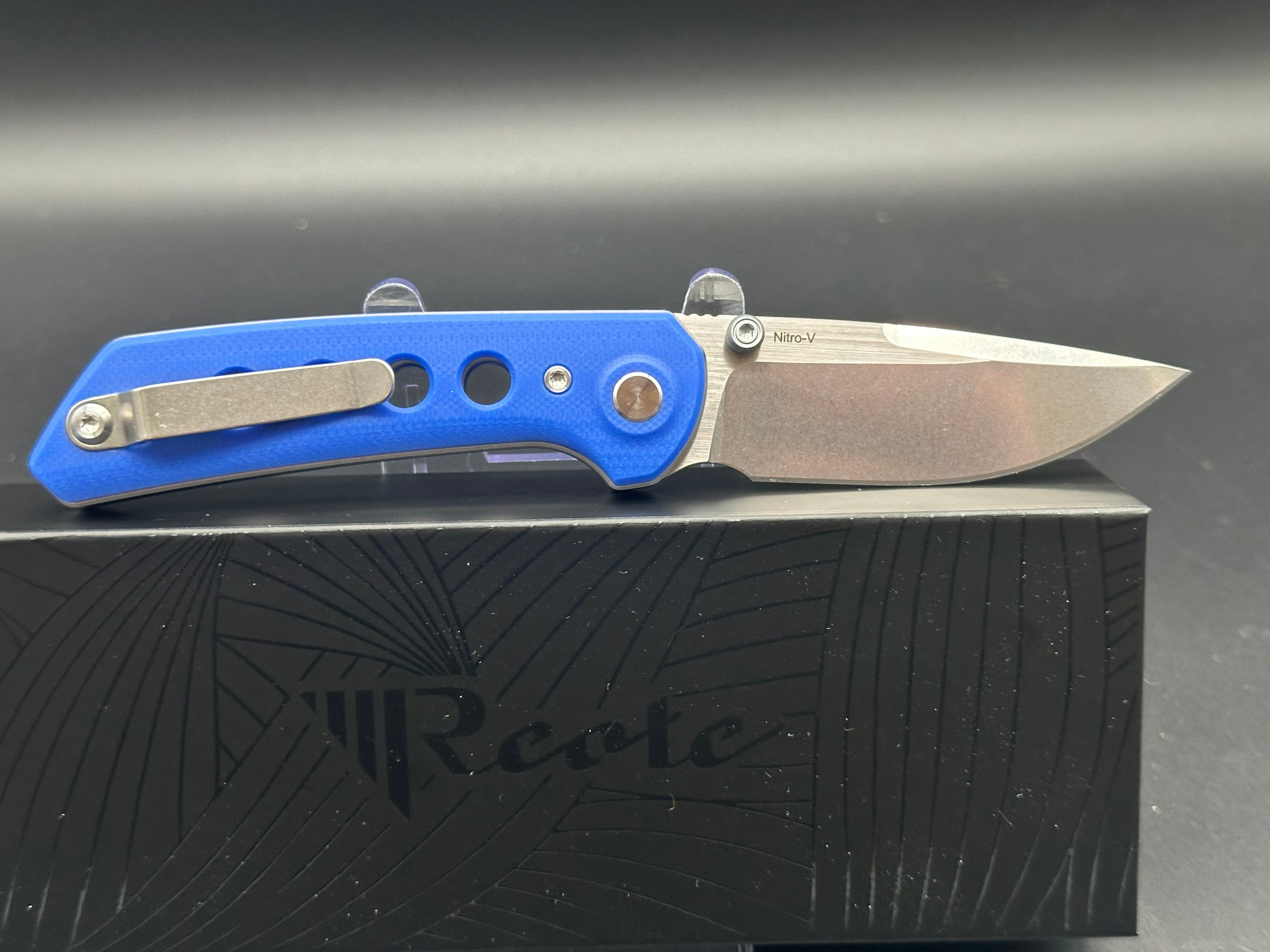 REATE PL XT Folding Knife - Blue G10 Handle, Nitro-V Steel Plain Edge with Stonewash Finish - EDC, Camping, Outdoor Survival Tool