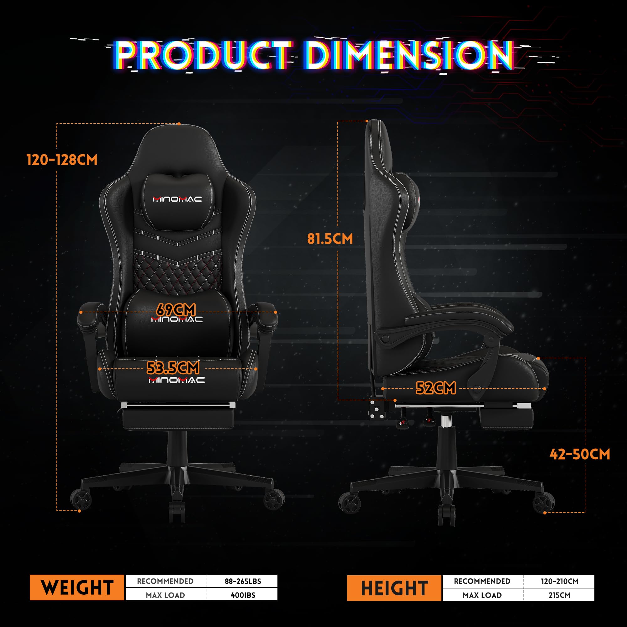 Premium Ergonomic Gaming Chair with Adjustable Footrest & 155° Recline - High Back Office Chair with Headrest & Lumbar Support for Adults & Kids (All Black) - Perfect for PC Gaming, Home Office & Streaming Setup