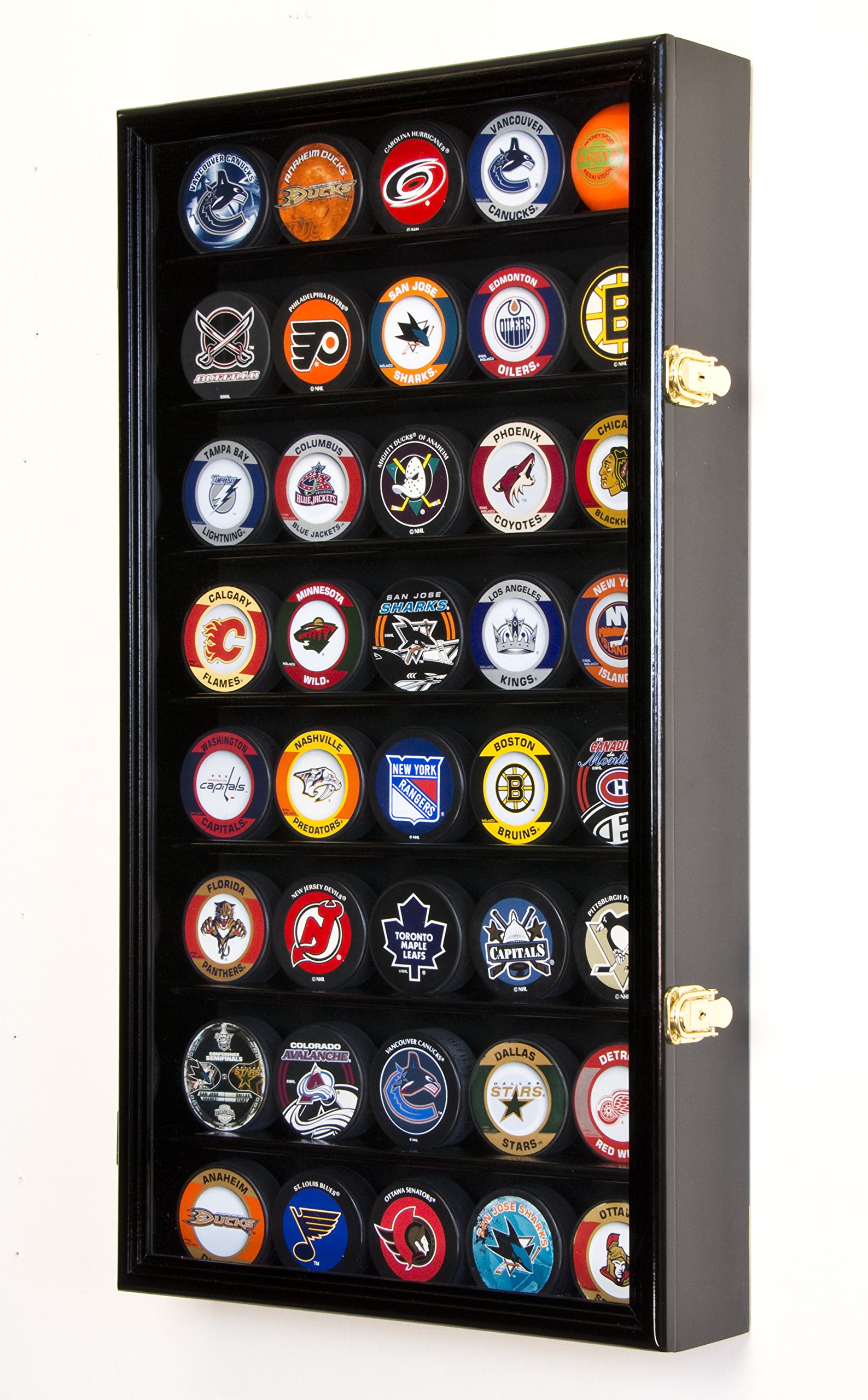 40 Slot Hockey Puck Display Case - UV Protection (98%) - Wall Mount or Tabletop Hockey Memorabilia Showcase for Collectors & Fans