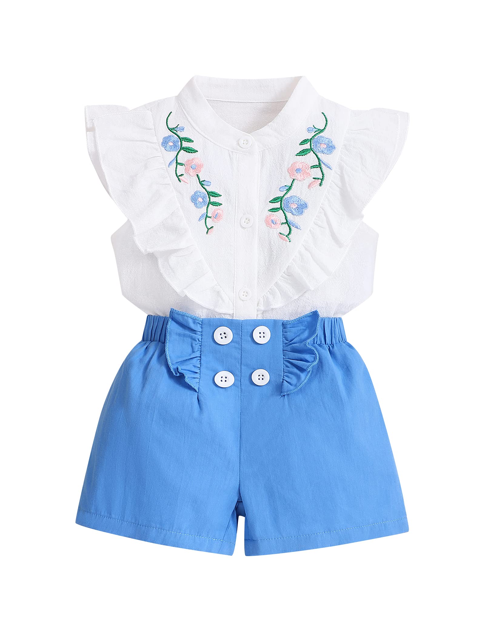 OKLady Toddler Girl Clothes Set - Floral Embroidery Ruffle Top & Shorts Outfit for Baby Girls | Perfect for Spring Playdates, Birthday Parties & Photo Shoots