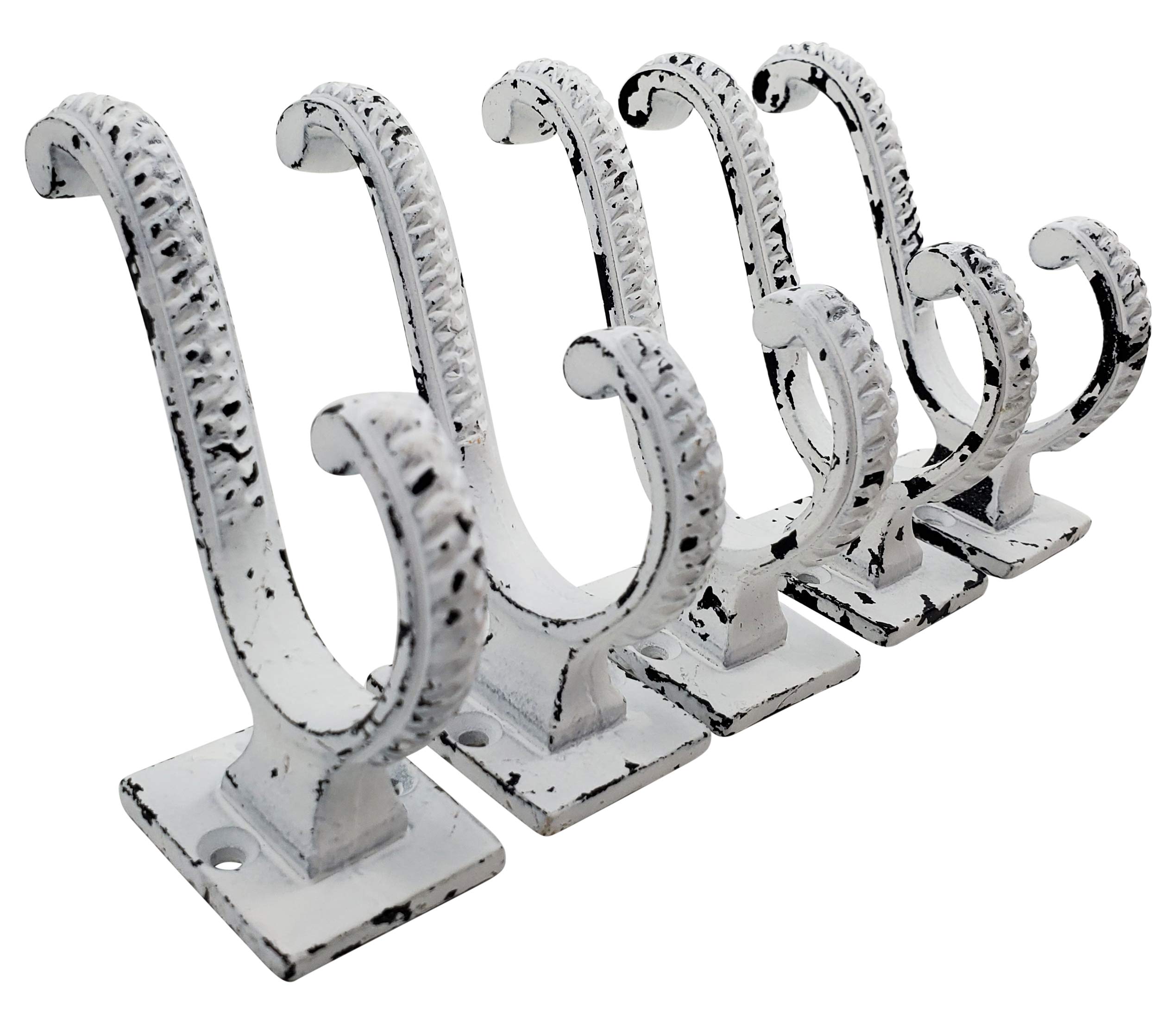 Antique White Cast Iron Wall Hooks - Rustic Farmhouse Coat, Towel, Hat, Scarf & Bag Hooks - 5 Pack DIY Home Decor for Entryway, Bathroom, Bedroom & Mudroom Organization