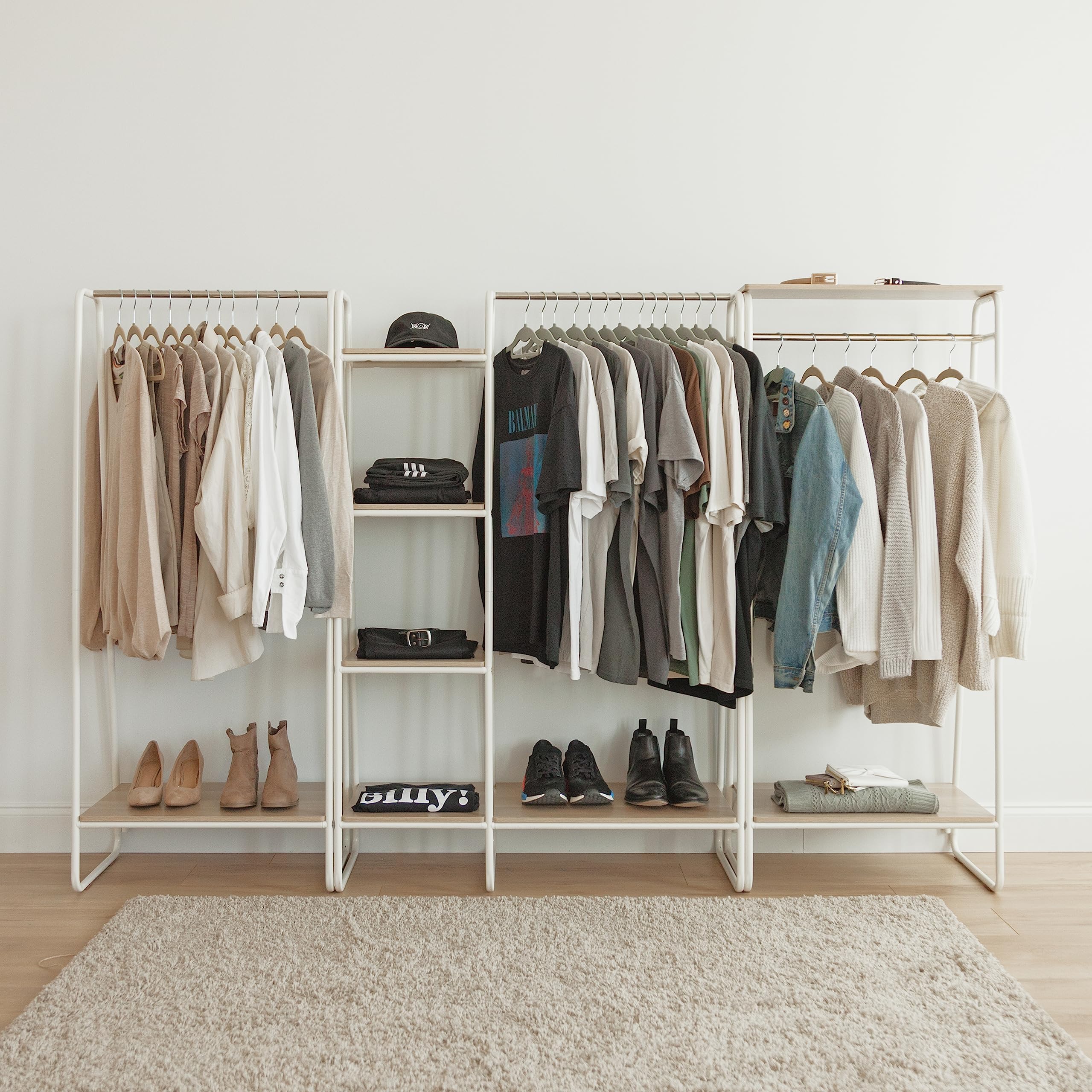 IRIS USA Freestanding Clothes Rack with Wood Shelf - Sturdy Metal Garment Rack for Hanging Clothes | Easy Assembly Space-Saving Storage Solution for Bedroom, Closet & Laundry Room (White)