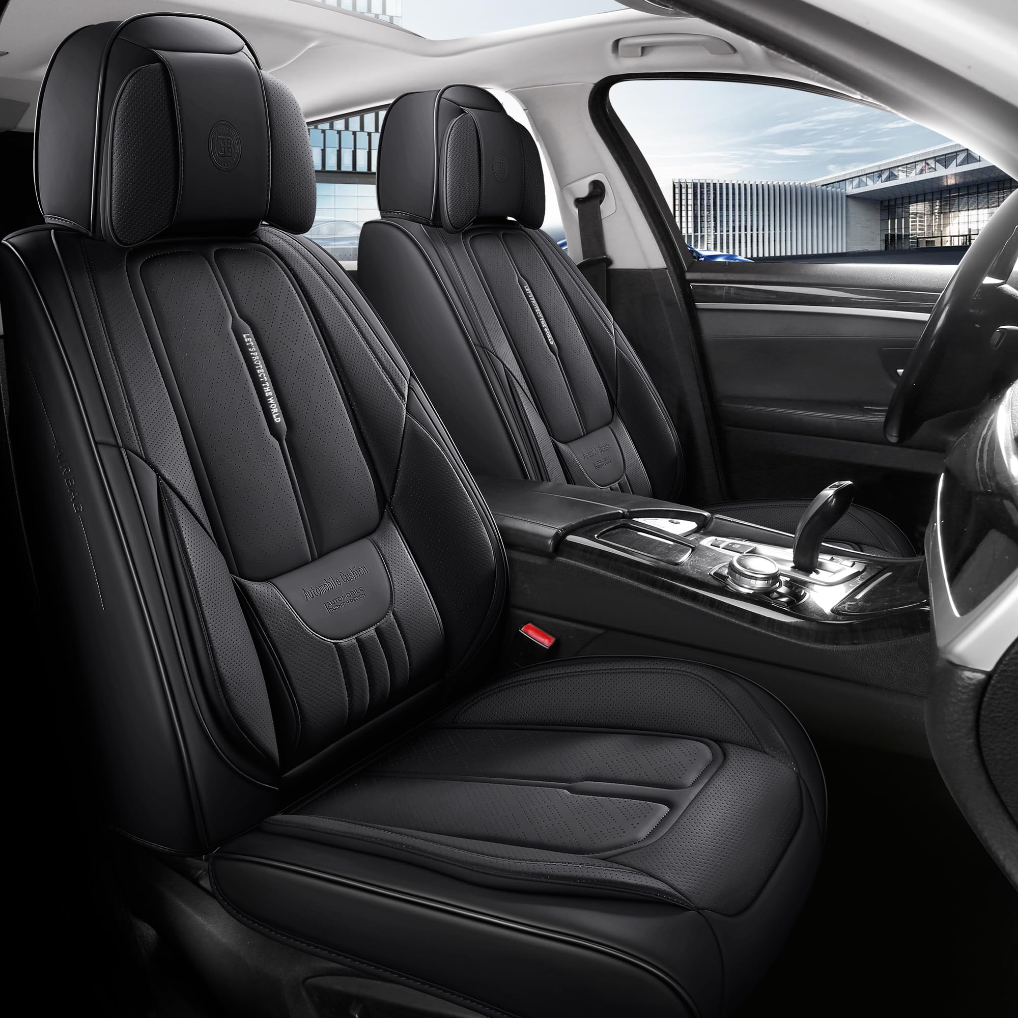 Premium Full-Grain Leather Car Seat Covers - Universal Fit for Cars, SUVs & Trucks | 2-Piece Front Seat Protectors with Cushion Support | Black Automotive Seat Covers for Comfort & Durability | Ideal for Daily Commute, Road Trips & Family Travel