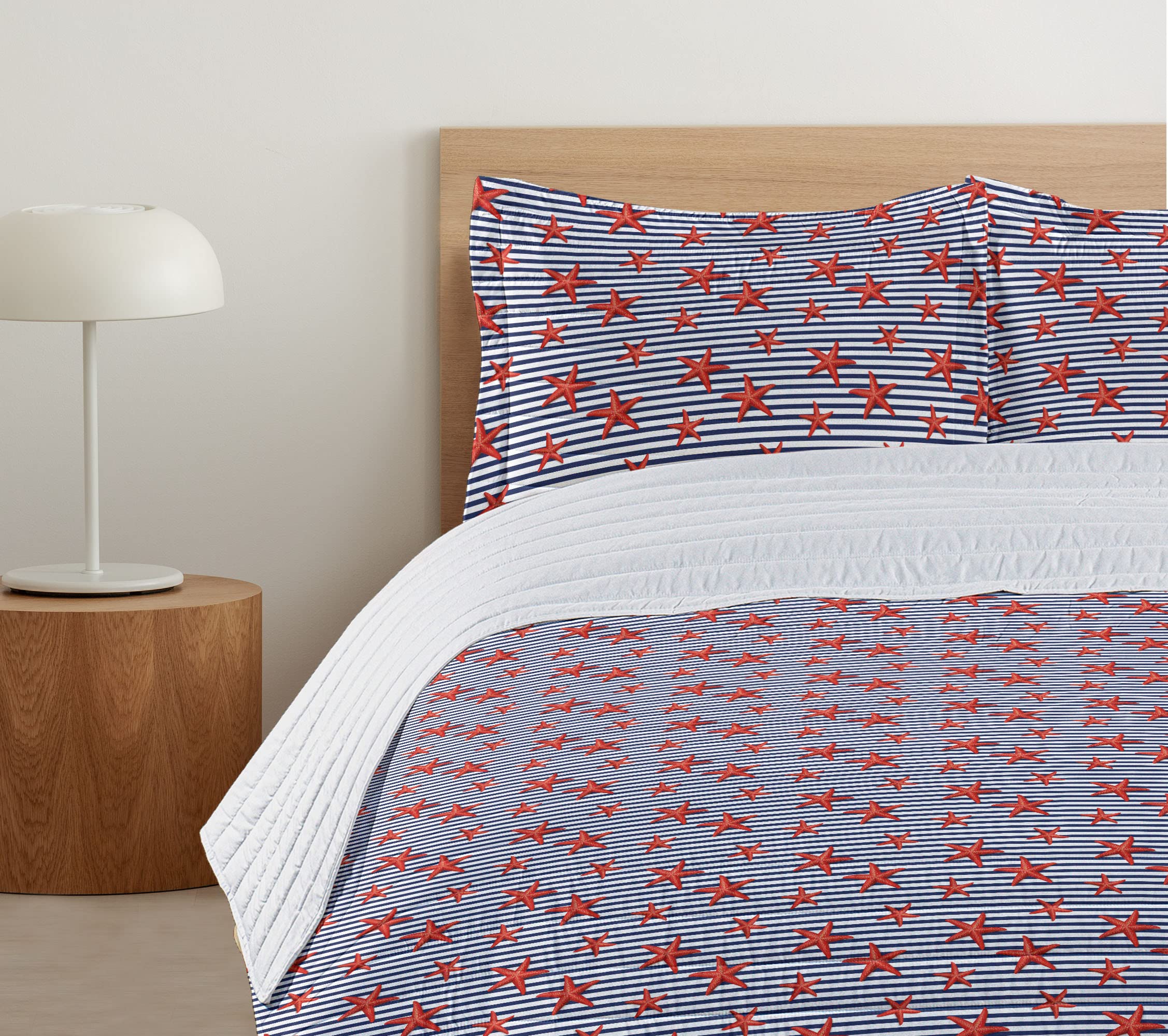 Ambesonne Starfish Microfiber Bedspread Set - Navy White Red Striped Maritime Theme with Pillow Shams & Comforter, King Size | Soft Coastal Bedding for Beach House Decor, Guest Room & Nautical Nursery