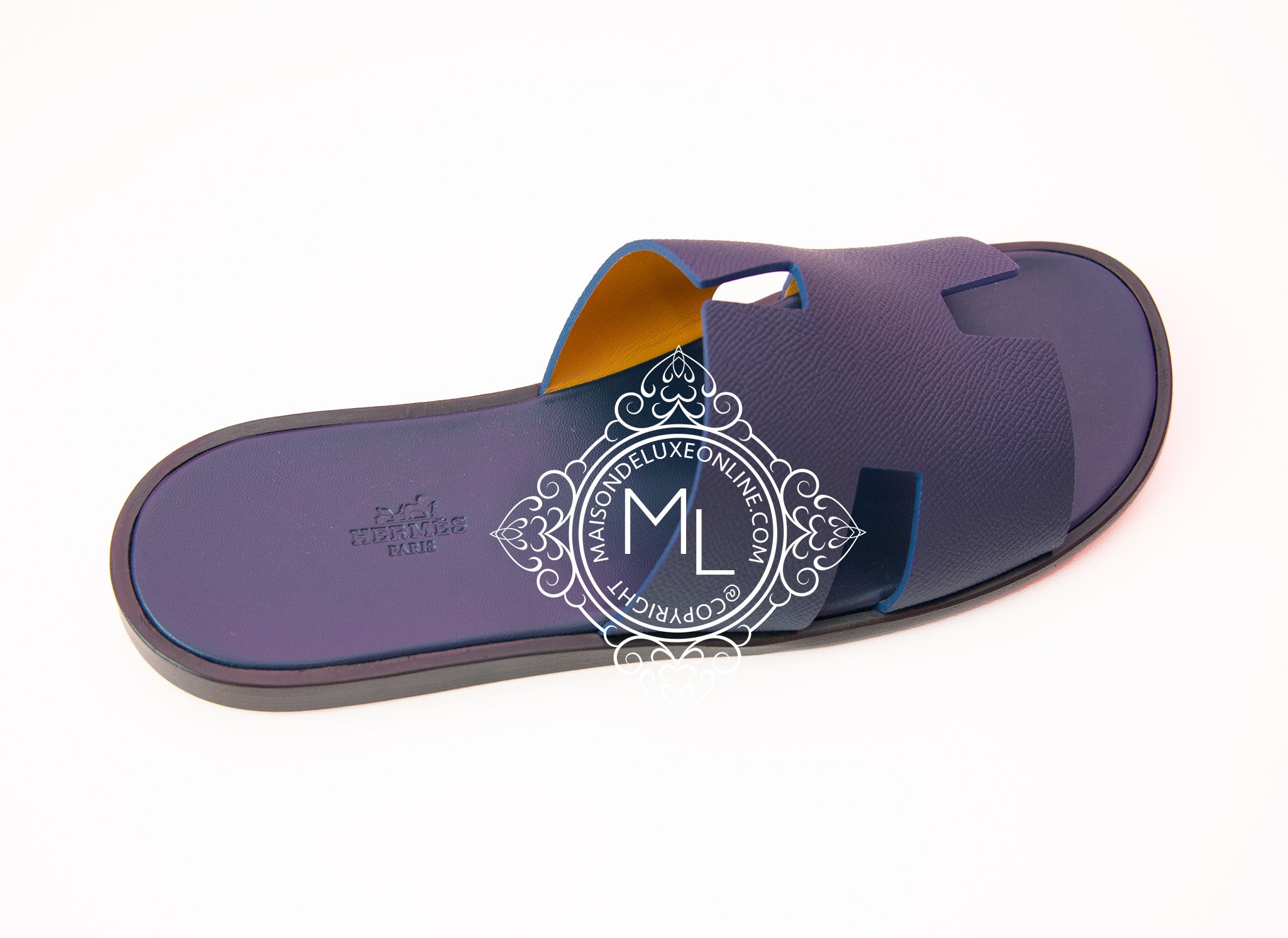 Hermes Men's Marine Blue Izmir Sandal Size 44 - Luxury Leather Summer Slides for Beach, Pool & Casual Wear