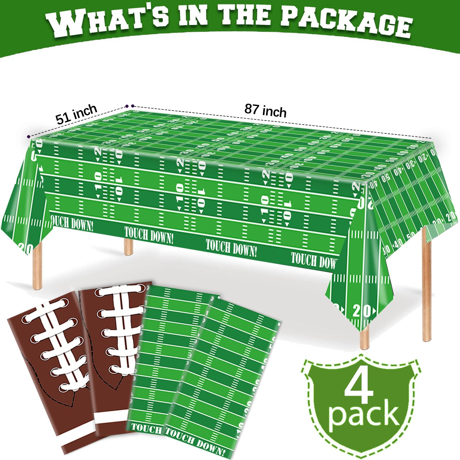 4 Pack Football Party Tablecloths - Disposable Plastic Football Table Cover (87x51 Inches) for Game Day, Tailgate, Birthday Party Decorations & Sports Themed Events - Perfect for Super Bowl, NFL Parties & Football Fan Gatherings