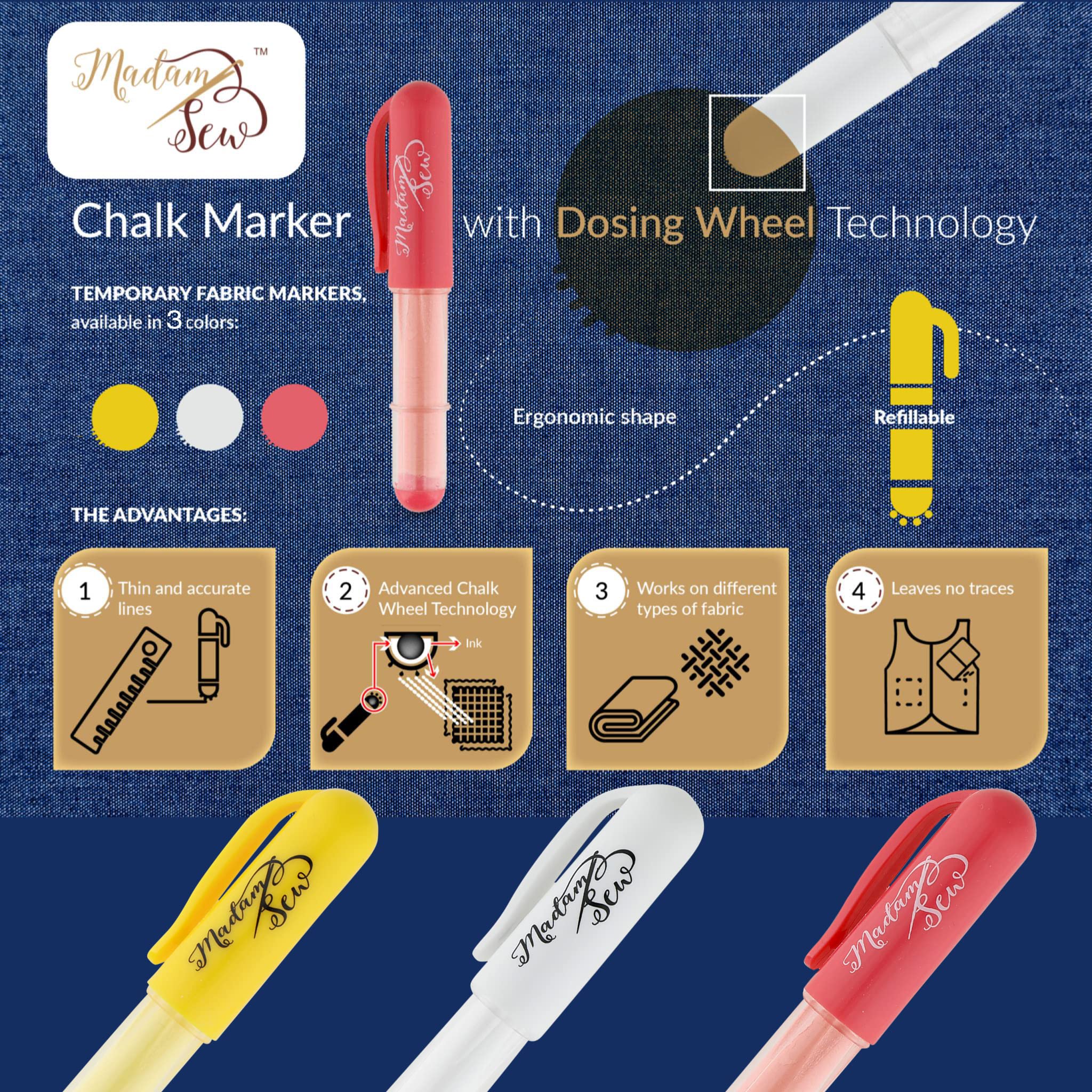 Madam Sew Fabric Chalk Markers for Sewing & Quilting | Refillable Tailor's Chalk with Dosing Wheel | Perfect for Marking Cotton, Knit & Suede Fabric | Ideal for DIY Sewing Projects, Dressmaking & Quilting Patterns [Red]