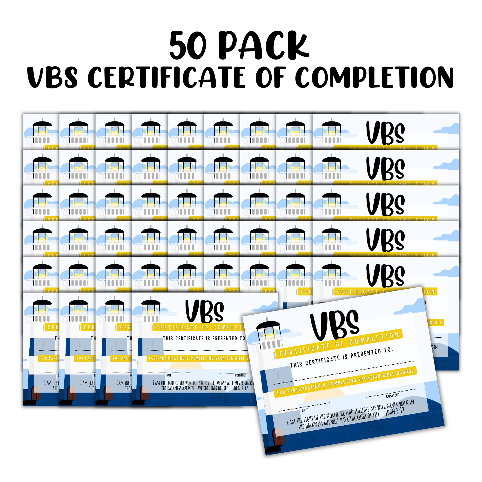 Vacation Bible School VBS Certificate of Completion Award - Pack of 50 | 8.5x11 Inch Lighthouse Bible Verse Beach Ocean Themed Participation Certificates for Kids Sunday School, Summer Camp & Christian Education Programs