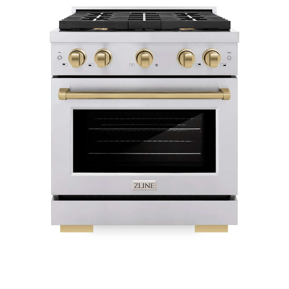 ZLINE Autograph Edition 30-inch 4.2 cu. ft. Dual Fuel Range with 4-Burner Gas Cooktop & Electric Convection Oven - Stainless Steel with Champagne Bronze Accents (SDRZ 30 CB) - Perfect for Gourmet Kitchens & Professional Home Chefs